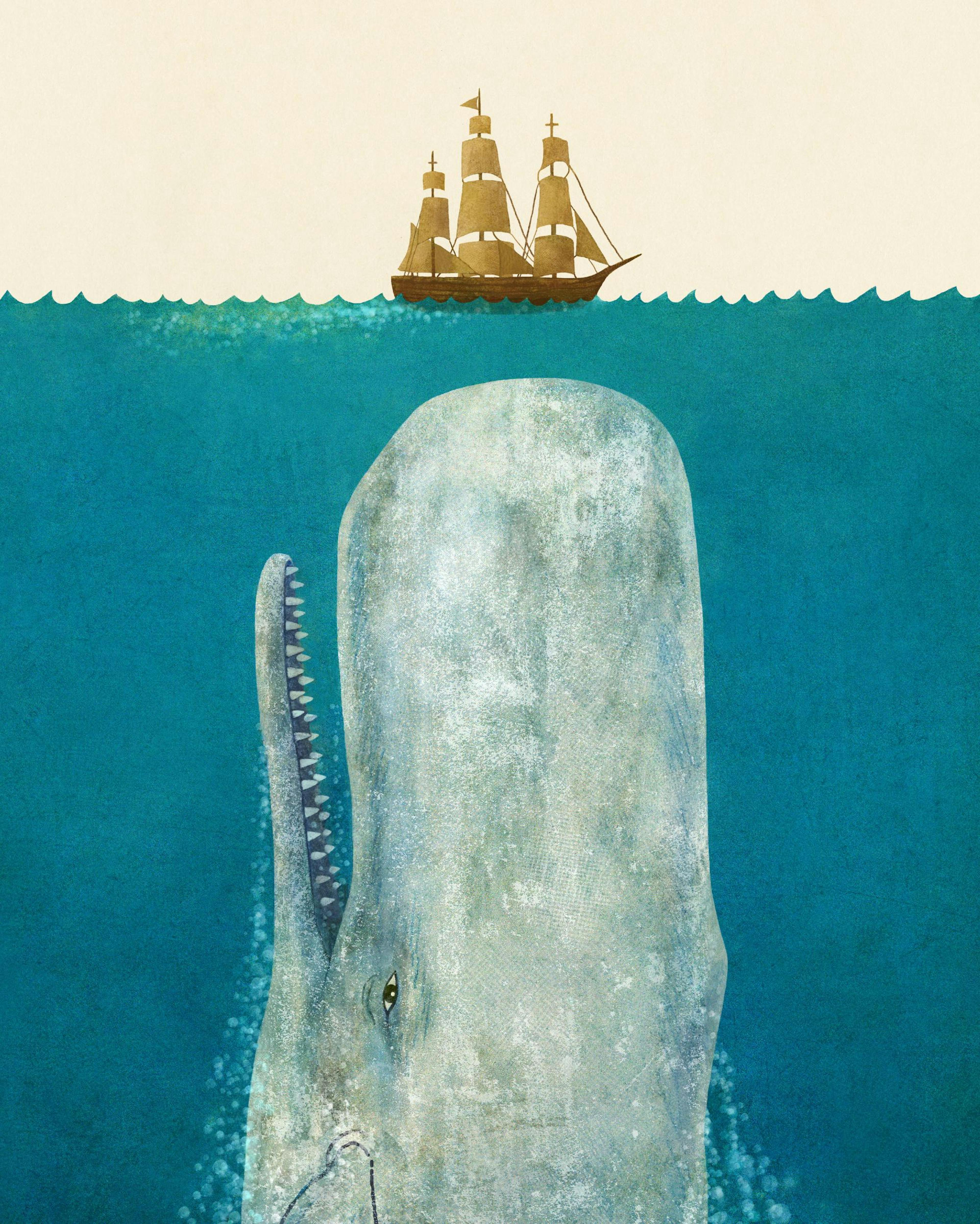 A poster featuring a sperm whale rising from deep blue water towards a sailing ship on the surface.