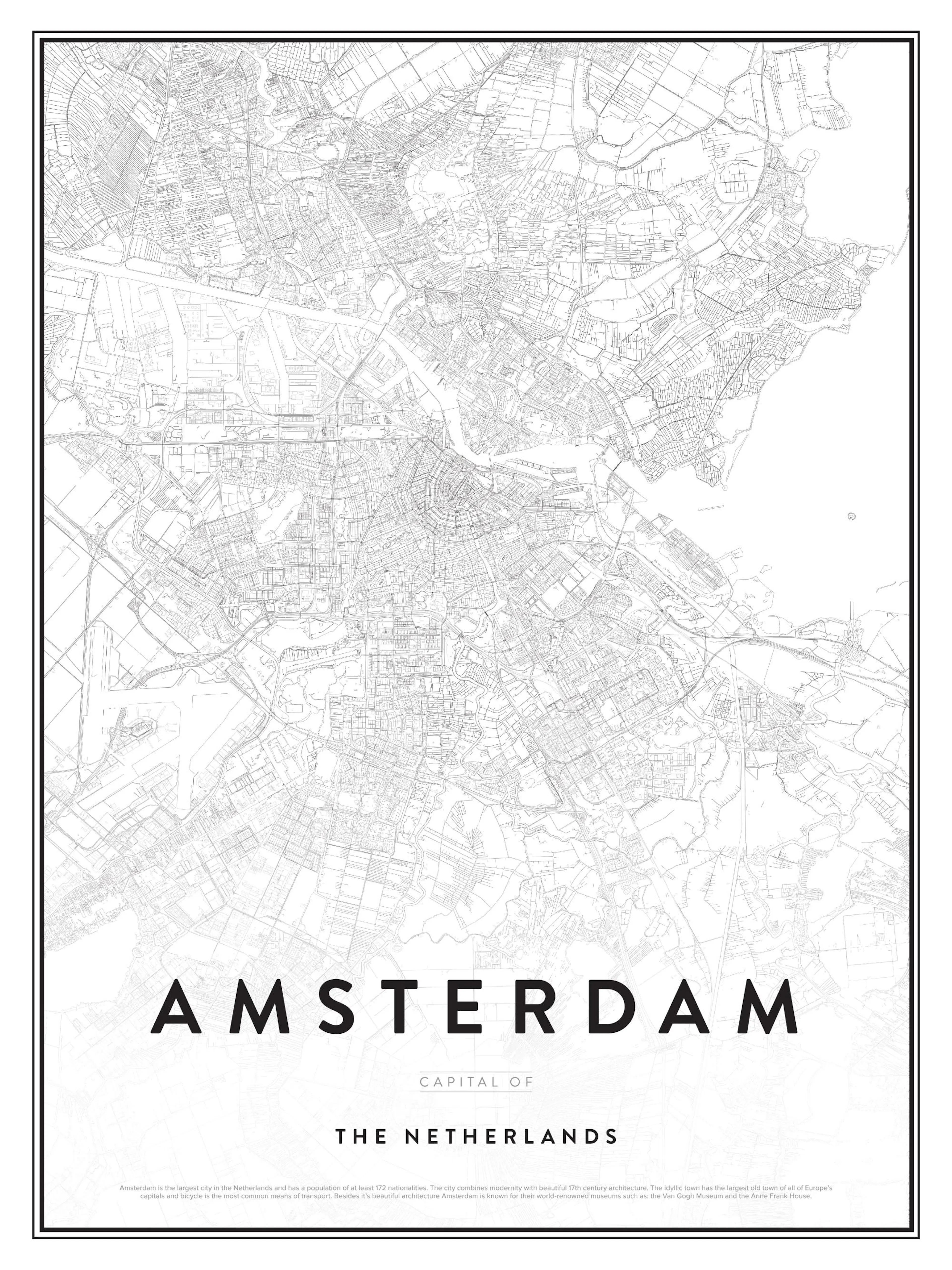 Poster mit einer detaillierten schwarzen Landkarte von Amsterdam auf weißem Hintergrund und dem Schriftzug AMSTERDAM.