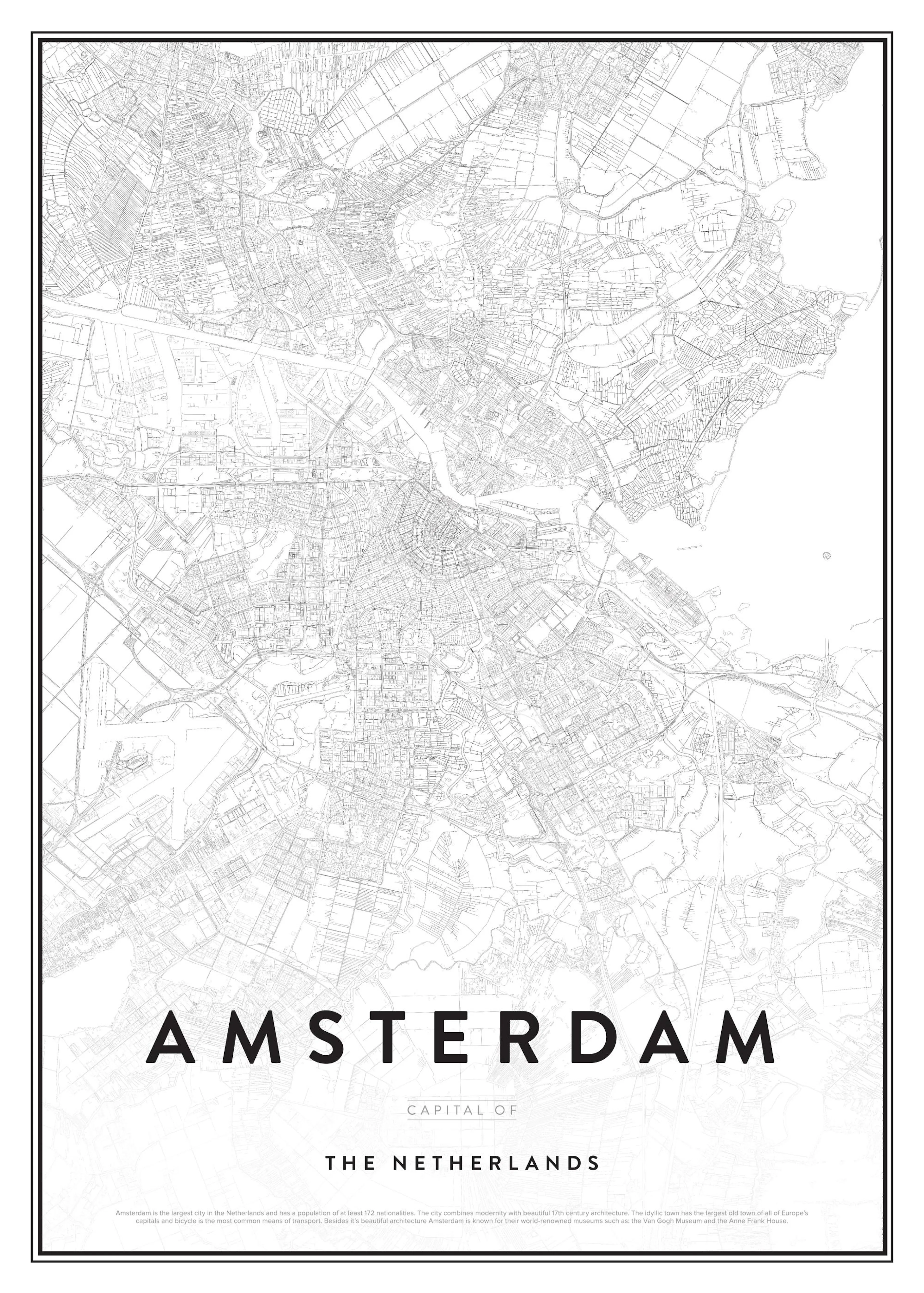Poster mit einer detaillierten schwarzen Landkarte von Amsterdam auf weißem Hintergrund und dem Schriftzug AMSTERDAM.