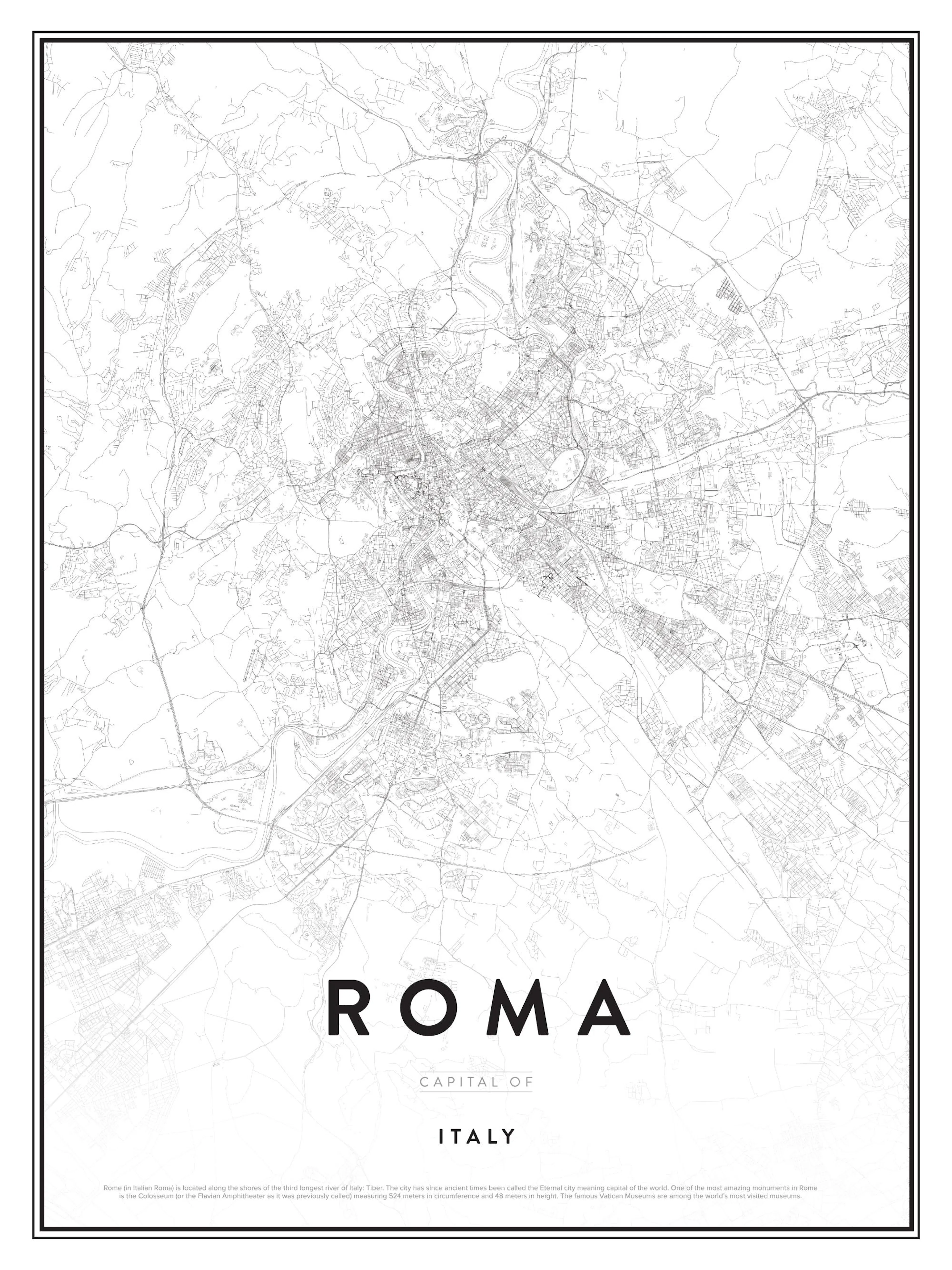 Poster mit einer minimalistischen Stadtplan-Darstellung von Rom in Schwarz-Weiß, Schriftzug ROMA und ITALY unten.