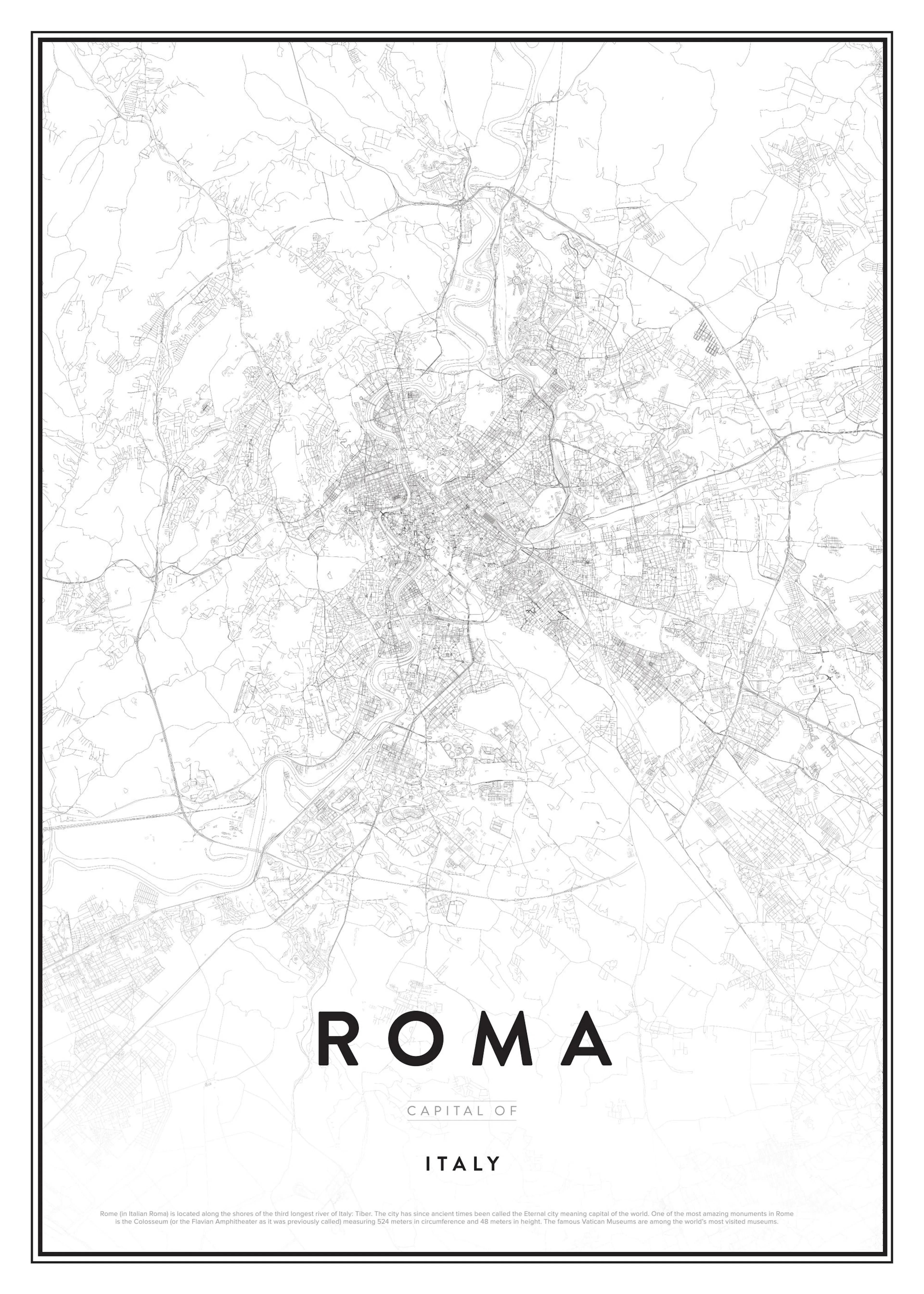 Poster mit einer minimalistischen Stadtplan-Darstellung von Rom in Schwarz-Weiß, Schriftzug ROMA und ITALY unten.