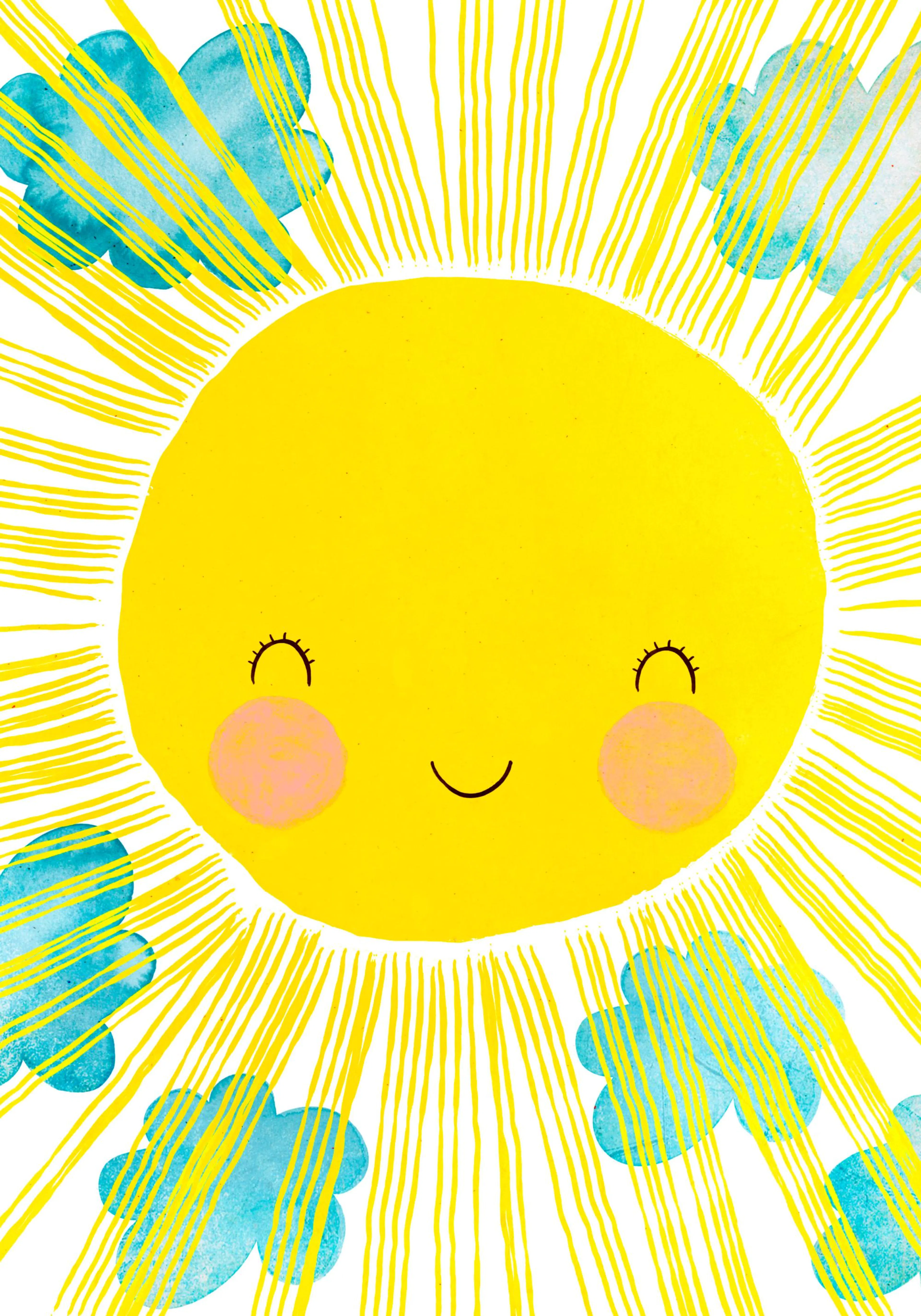 A poster featuring a cartoon sun with a happy face, pink cheeks, and radiating yellow lines, with blue clouds.