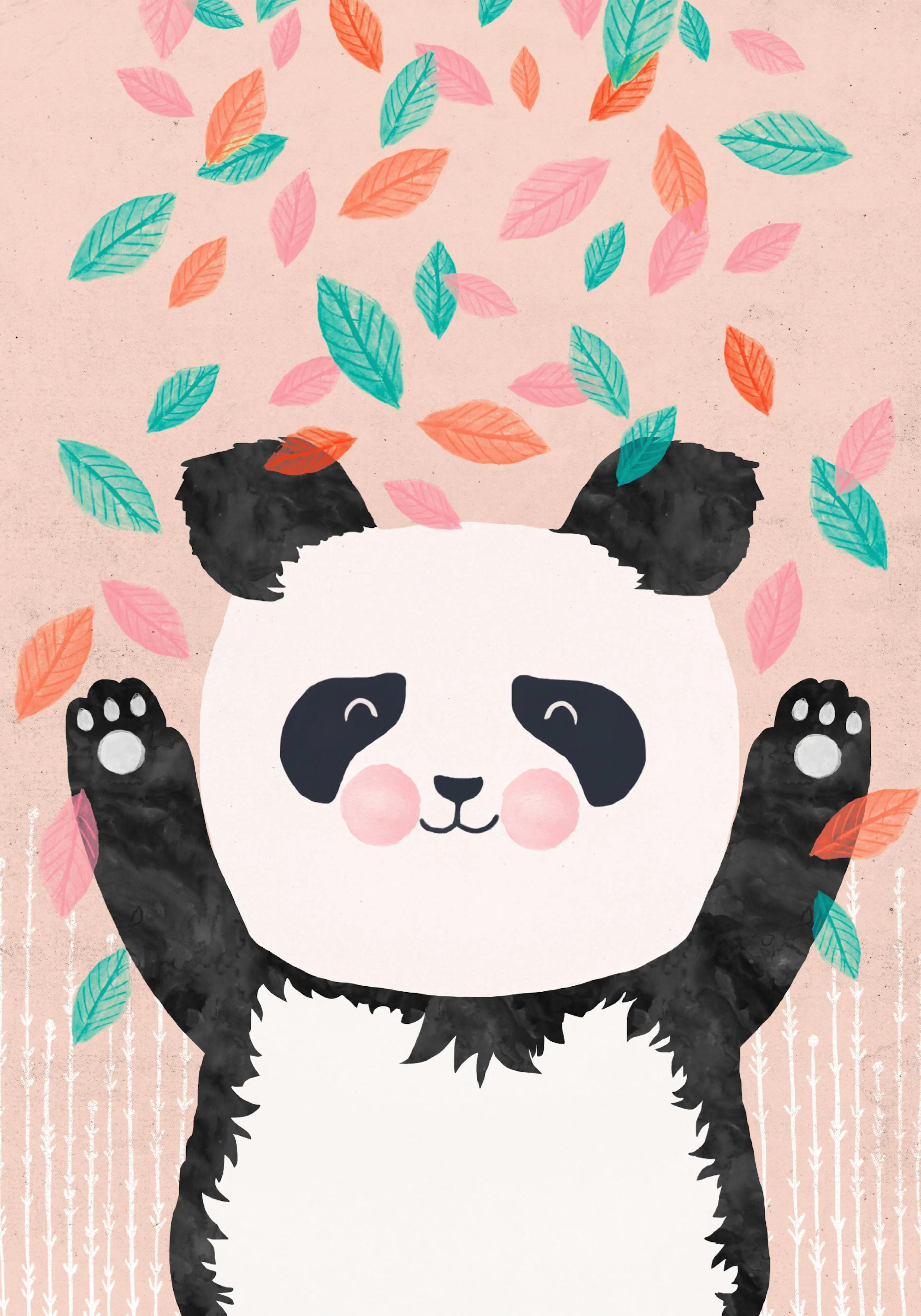 A poster featuring a happy panda with outstretched paws, surrounded by falling pink, orange, and teal leaves.
