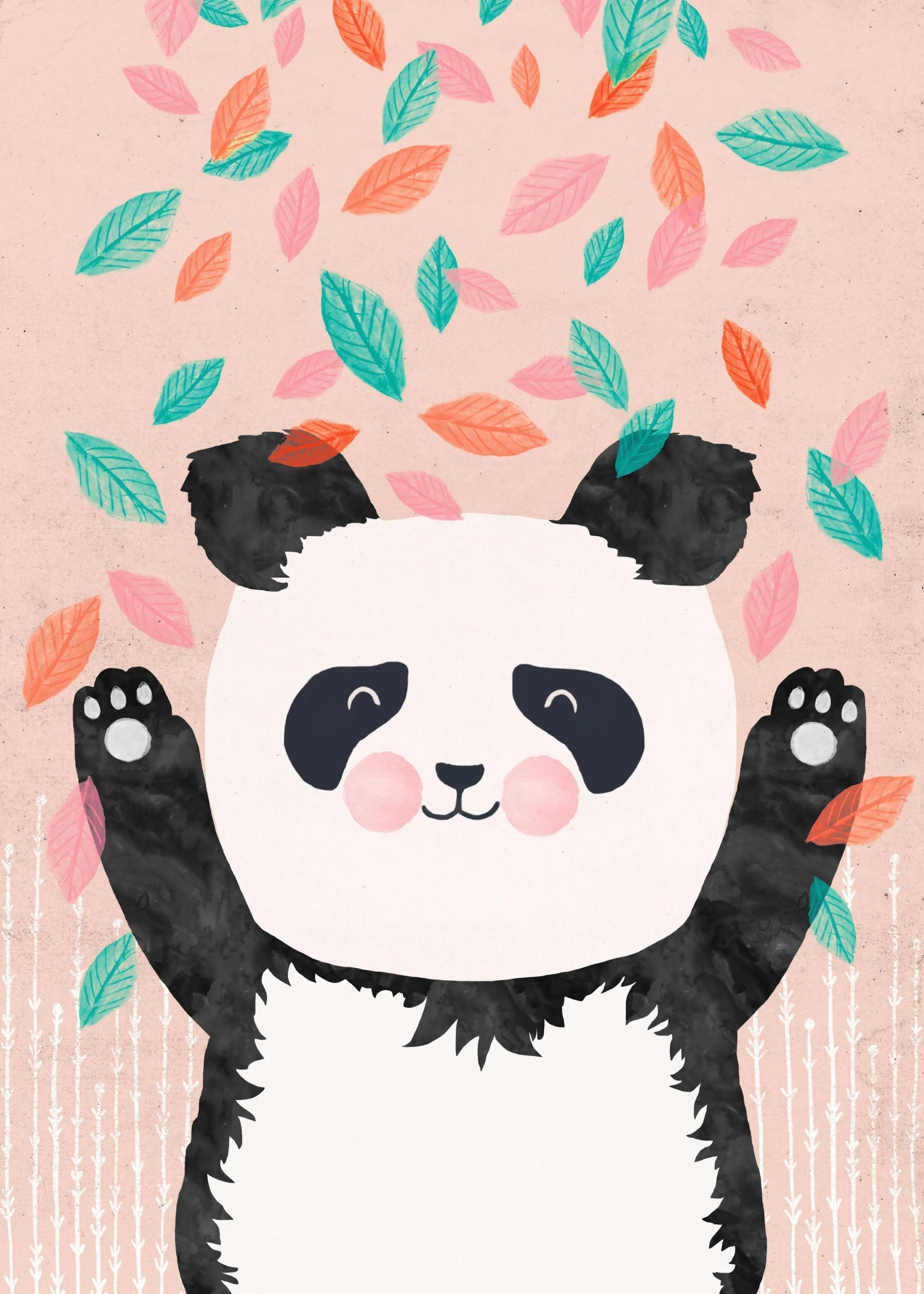 A cute panda poster with pink cheeks and paws, surrounded by falling autumn leaves on a light pink background.