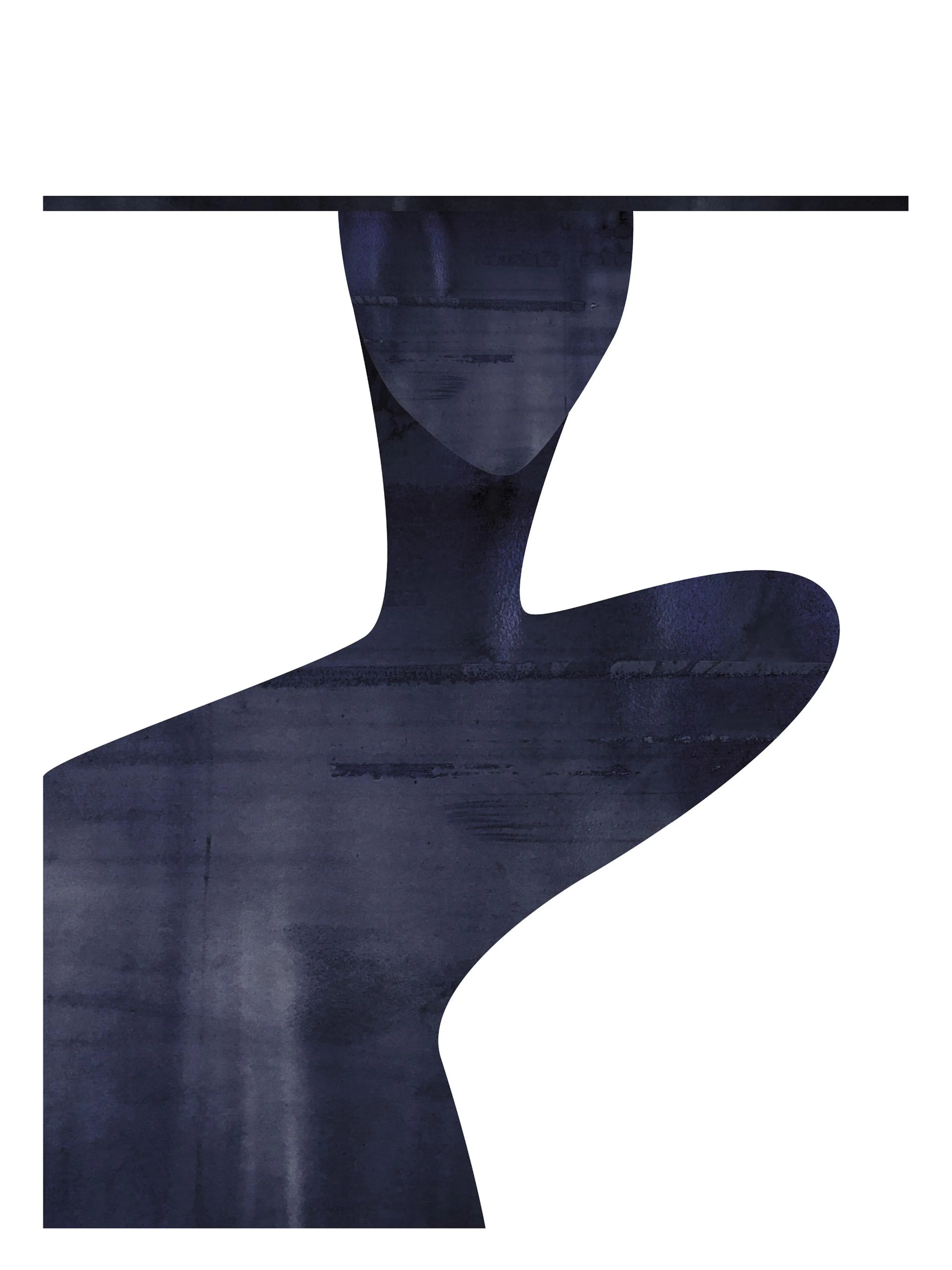 A poster featuring a dark blue, textured abstract shape resembling a human silhouette on a white background.