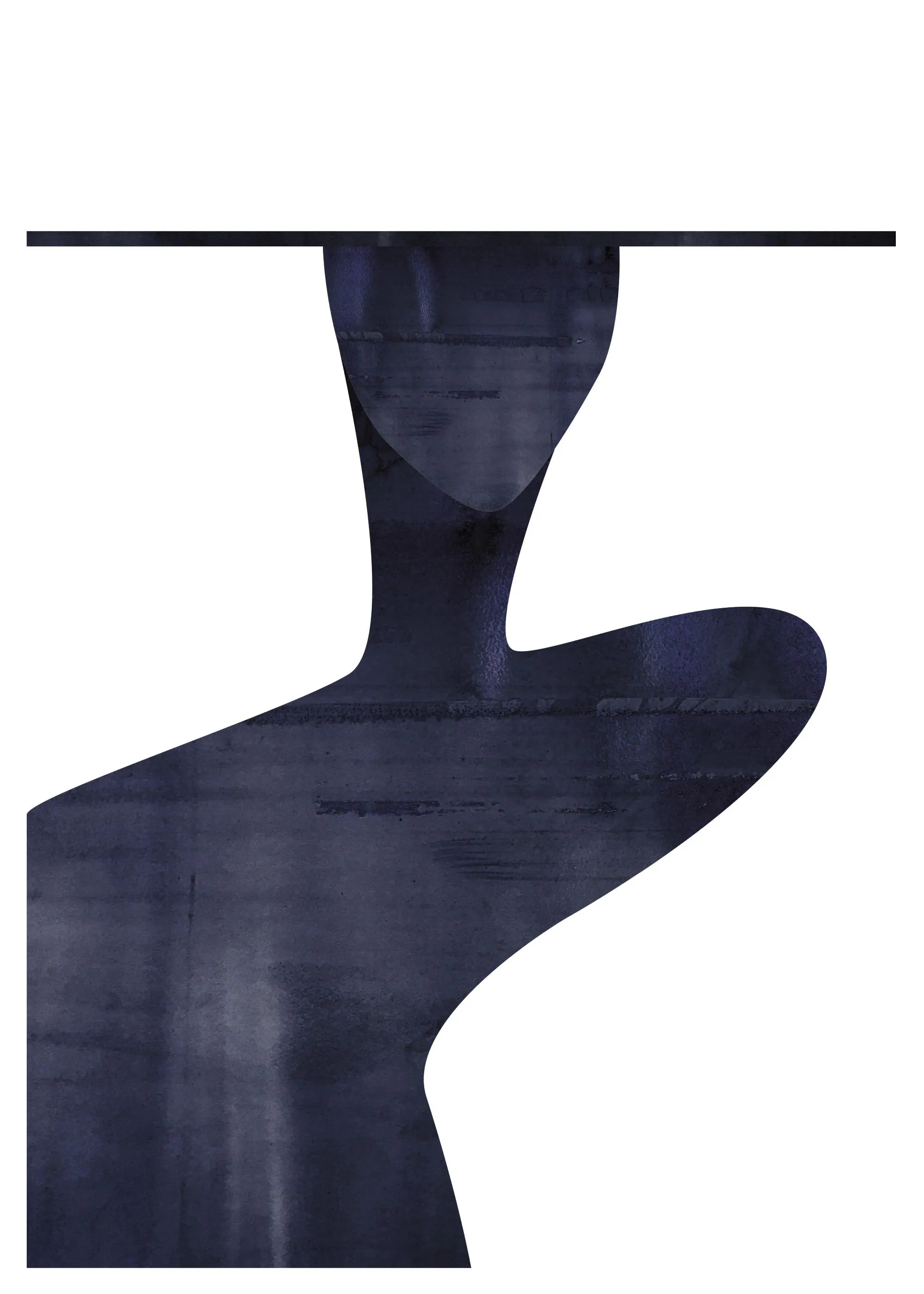 Abstracte poster met donkerblauwe en paarse organische vormen, en een horizontale lijn bovenaan.