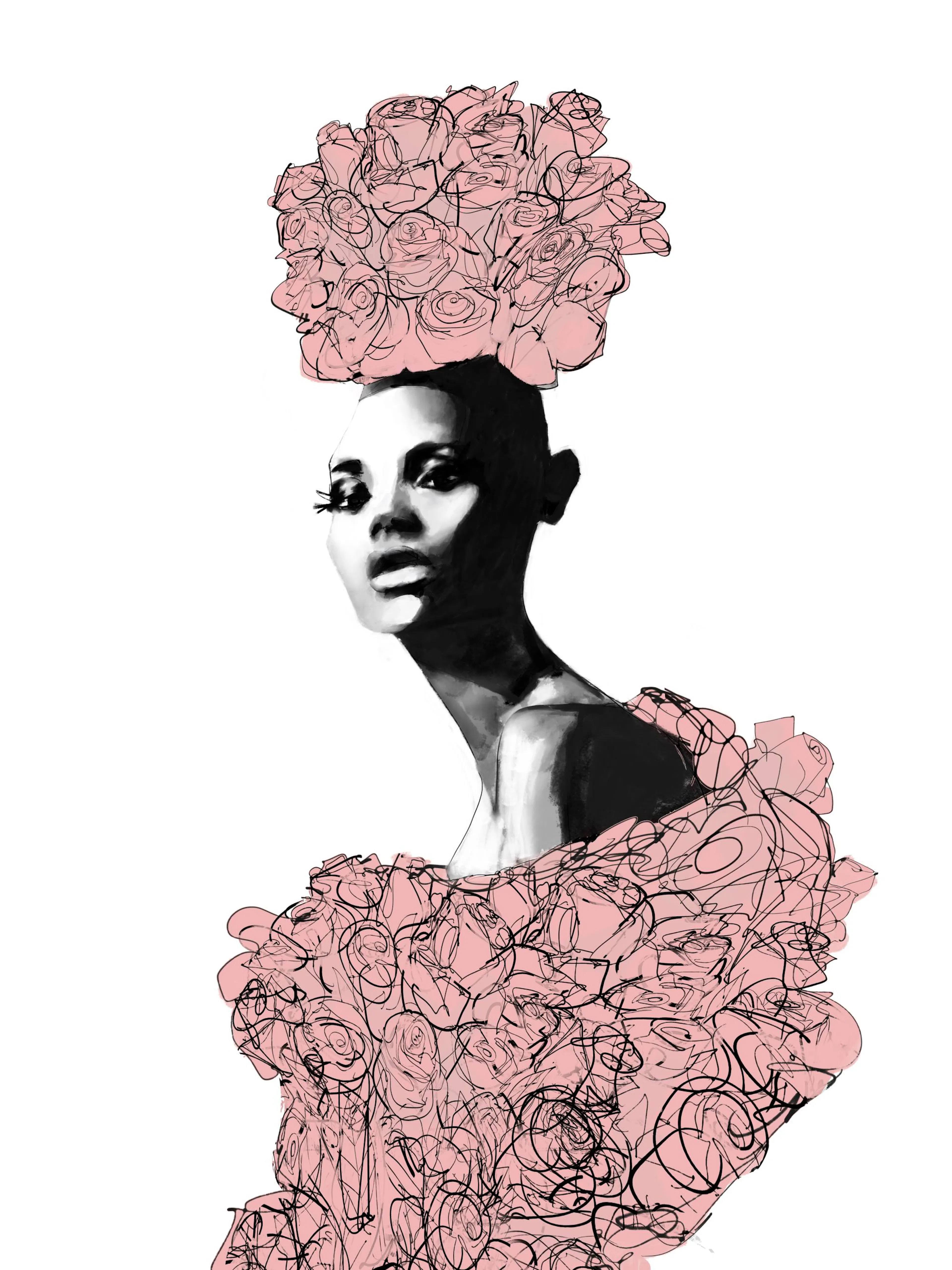 A poster featuring a black and white portrait of a woman with large pink roses as her hair and dress.