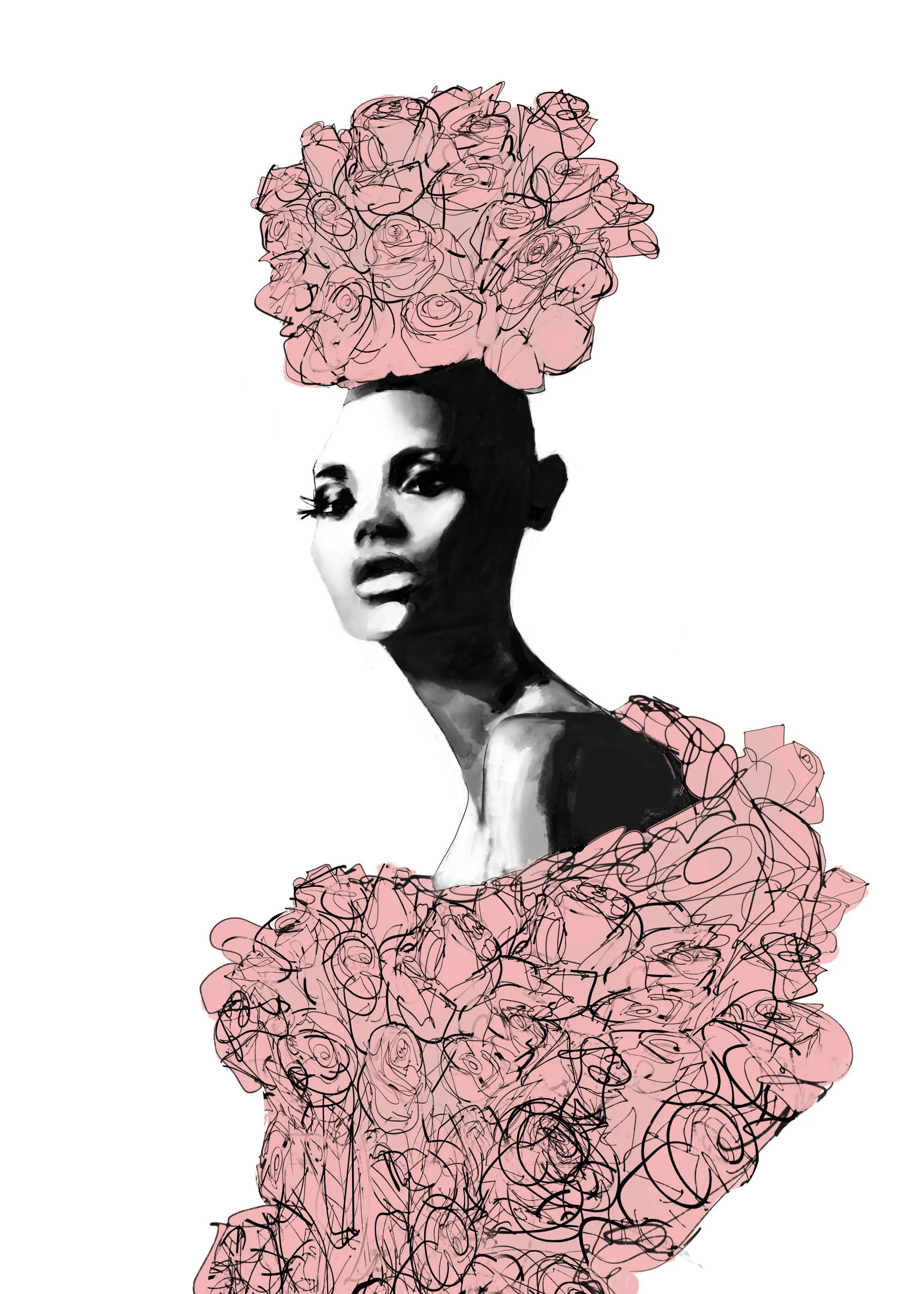 Een poster met een vrouw in zwart-wit, met roze, warrige rozenbloemen als haar en schouders.