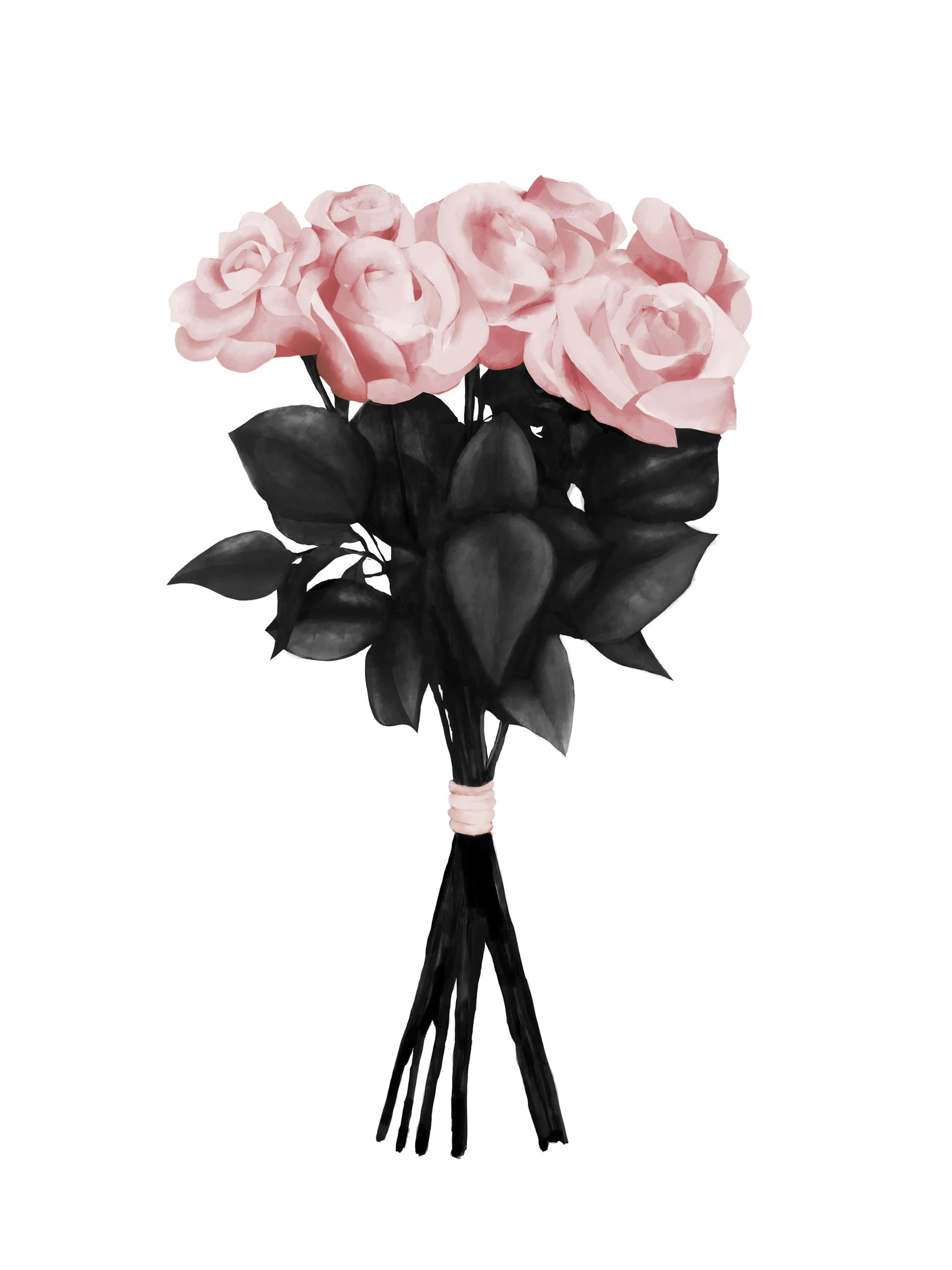 A poster featuring a bouquet of light pink roses with dark green leaves, tied with a peach ribbon.