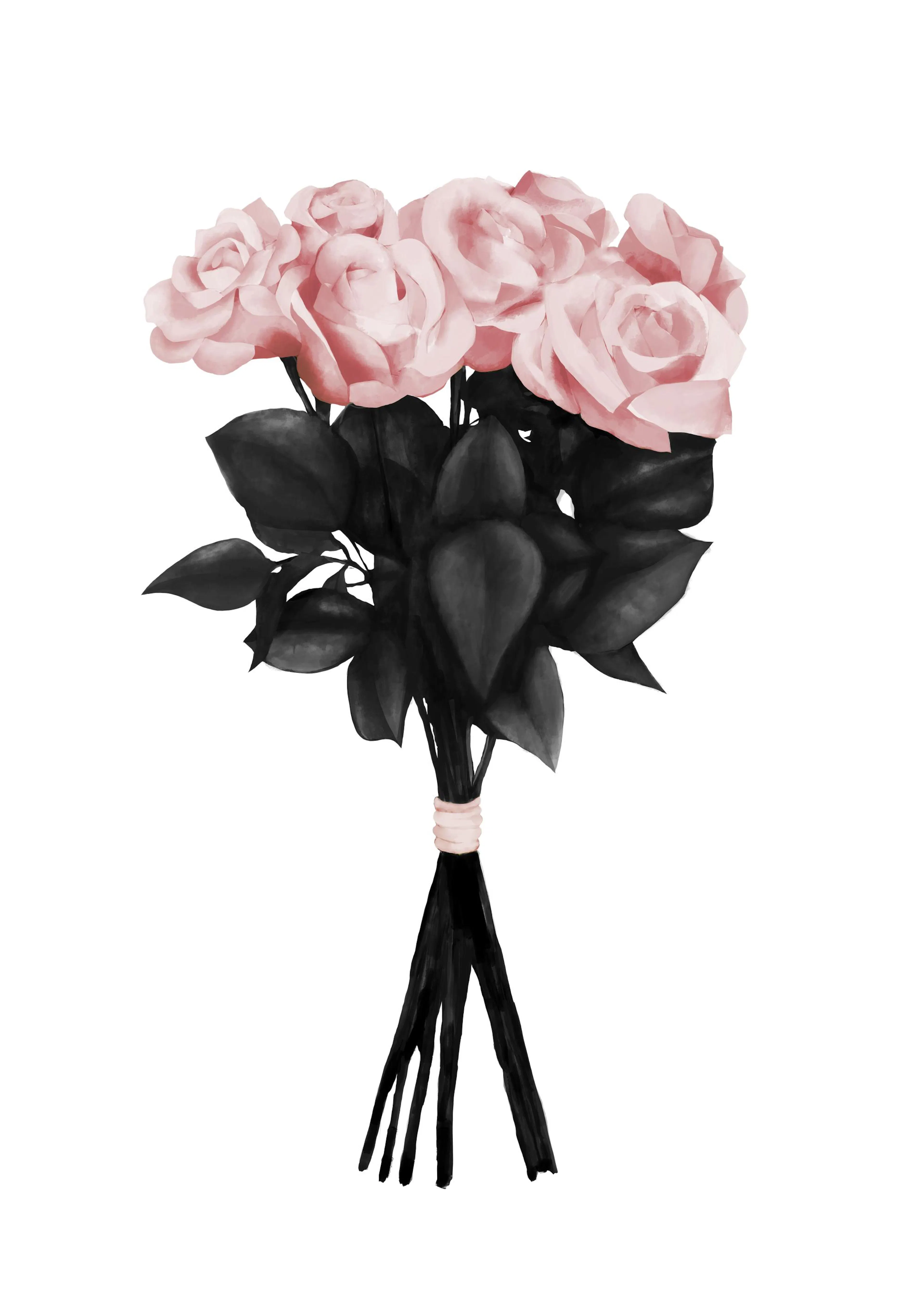 Poster: Ein Blumenstrauß mit rosa Rosen und schwarzen Blättern, zusammengebunden mit einem hellrosa Band.