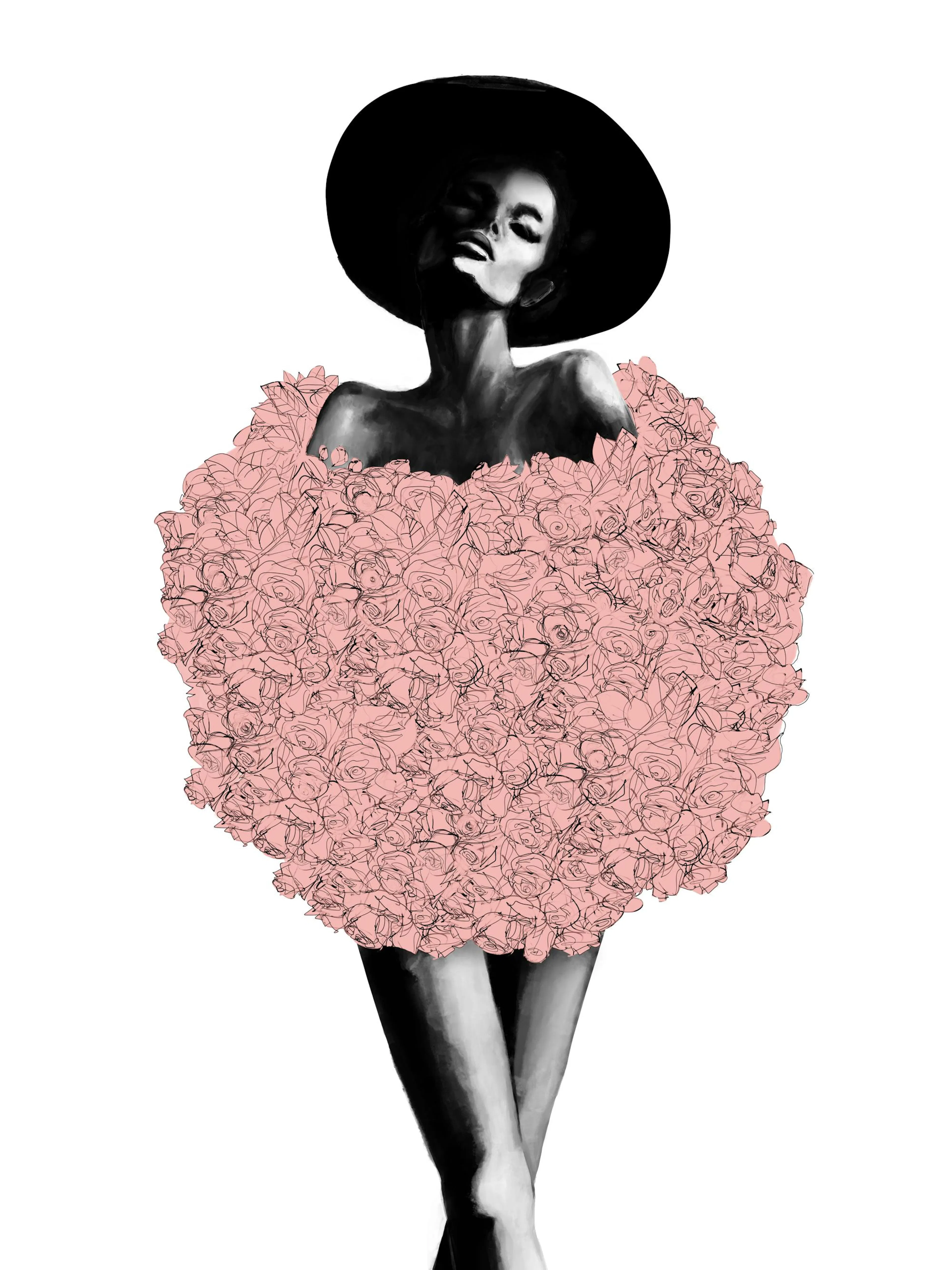 Een poster van een vrouw met een grote zwarte hoed en een rok van roze rozen.