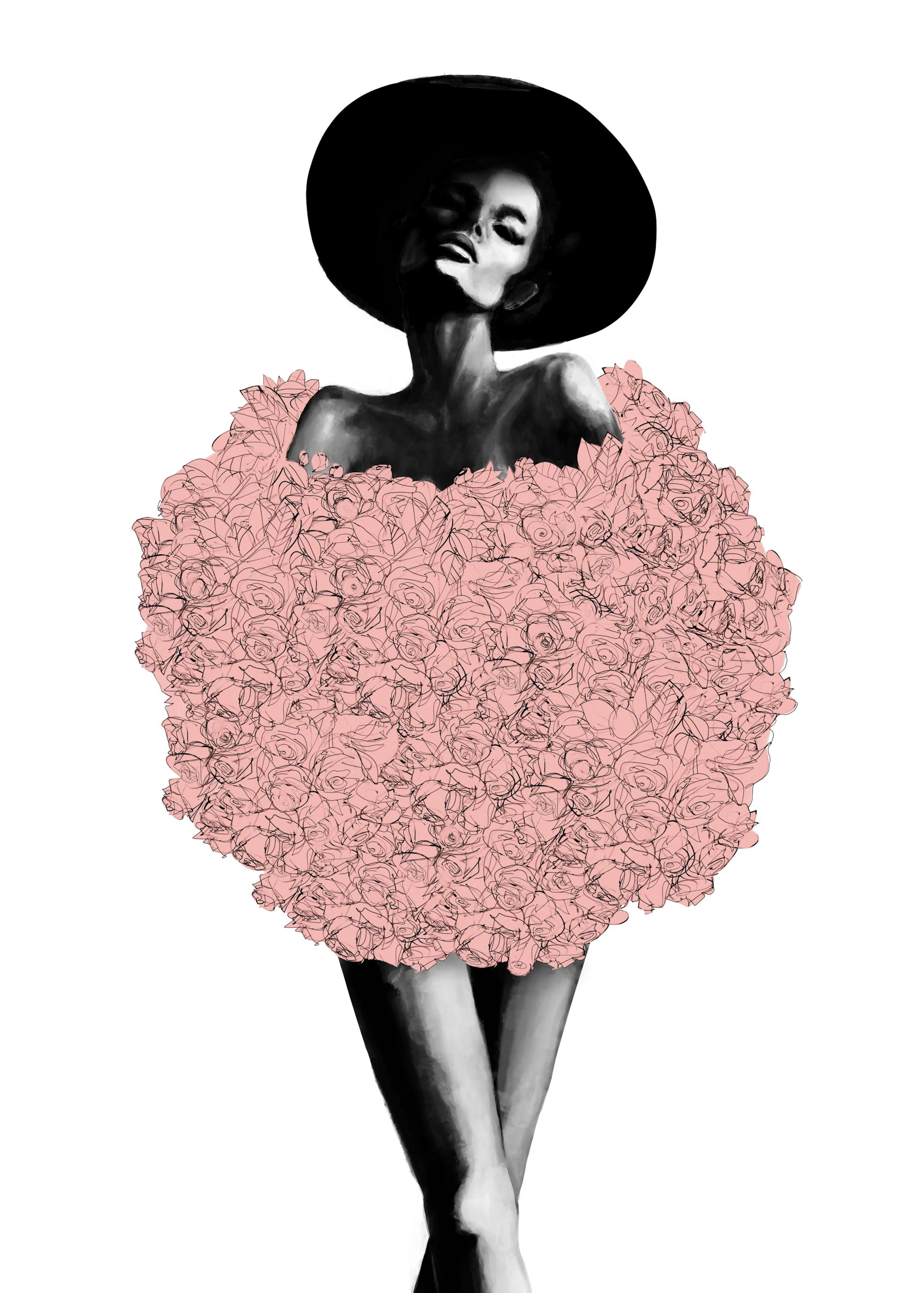 Poster: Schwarz-weiß-Illustration einer Frau mit Hut und einem Rock aus rosafarbenen Rosen.