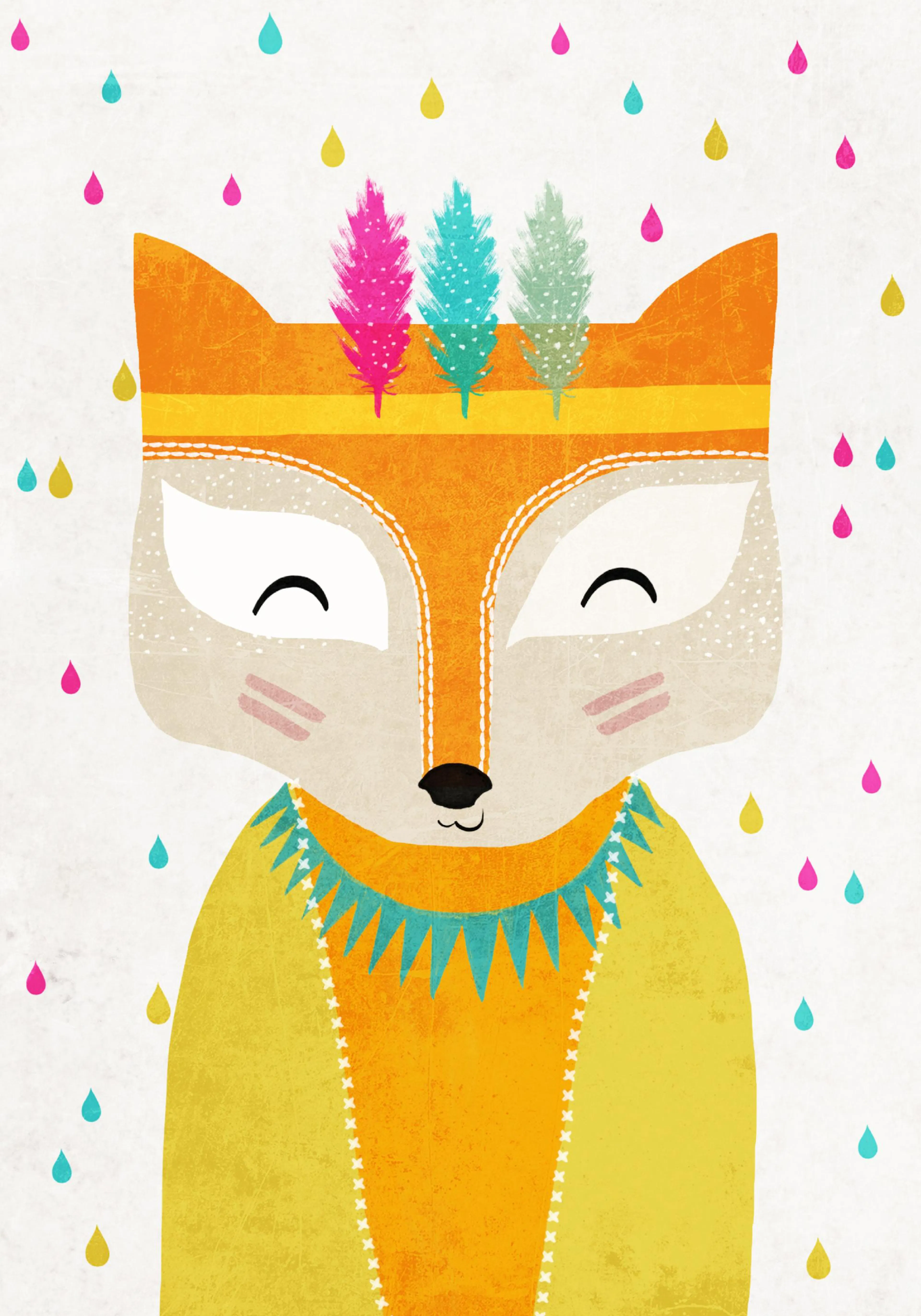 A poster featuring a cute fox illustration with an orange tribal headband and three feathers, on a white background with colourf