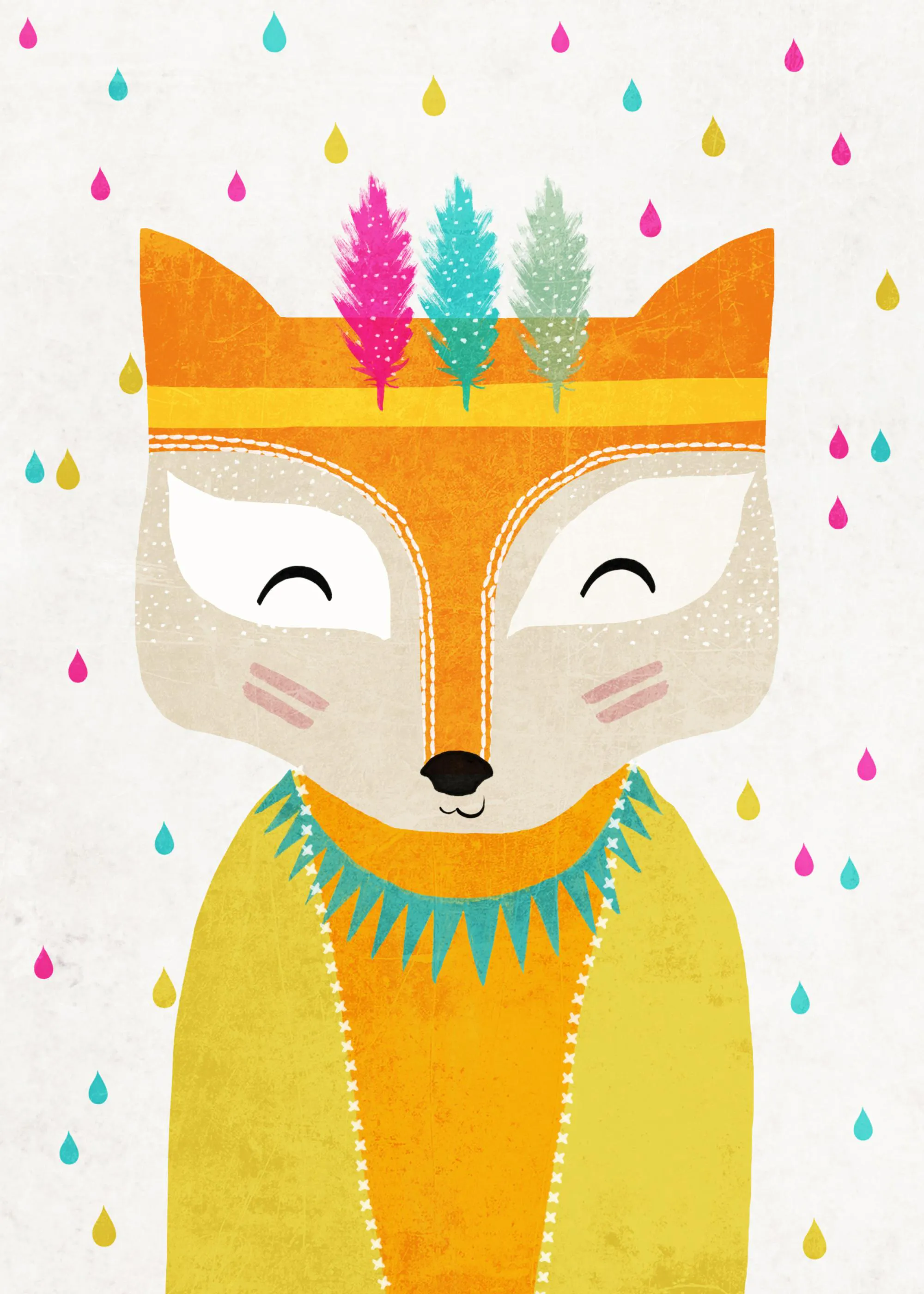 A poster featuring a whimsical fox illustration with an orange body, white snout, and three colourful feathers on its head. Rain