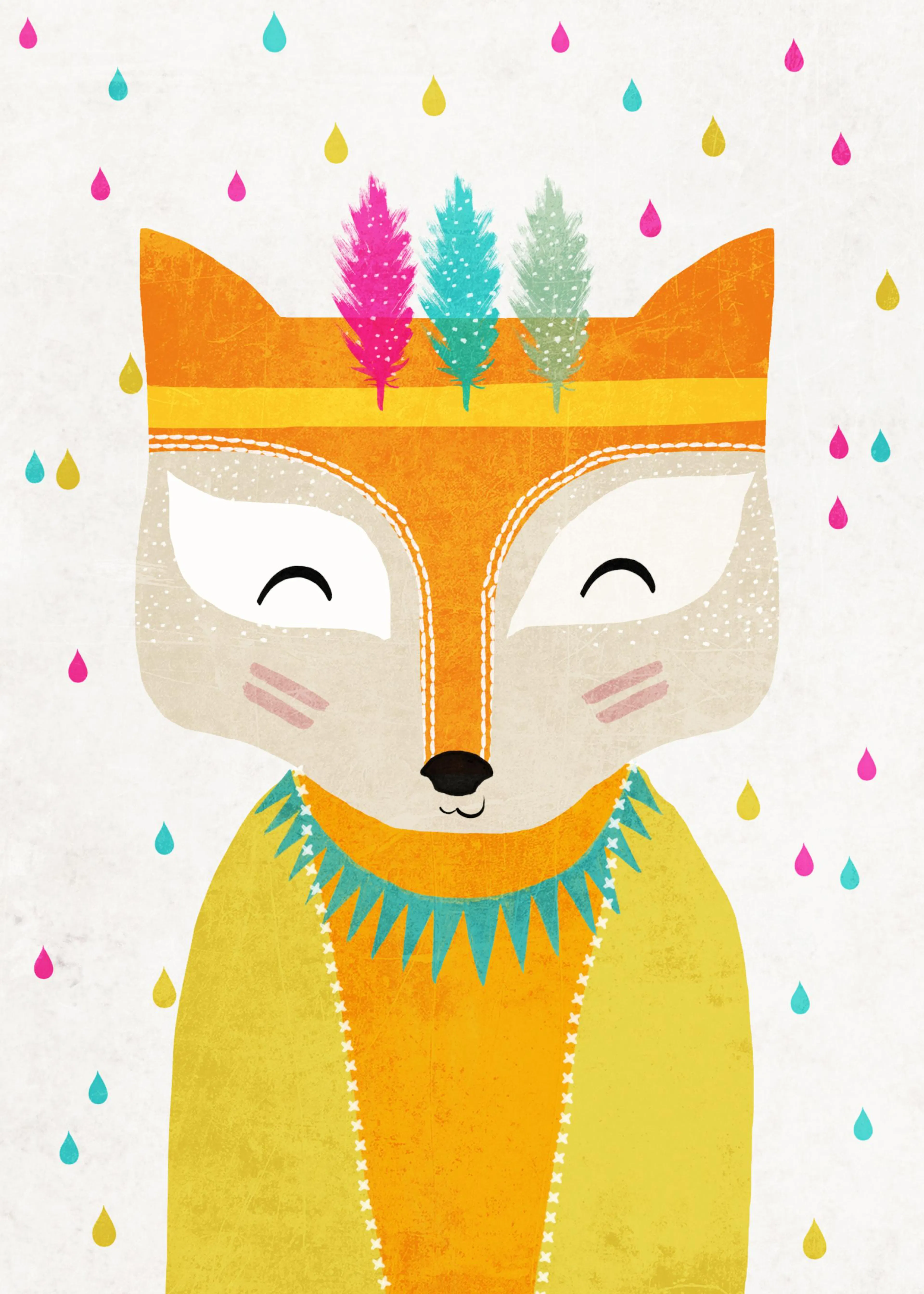 A poster featuring a whimsical fox illustration with an orange body, white snout, and three colourful feathers on its head. Rain