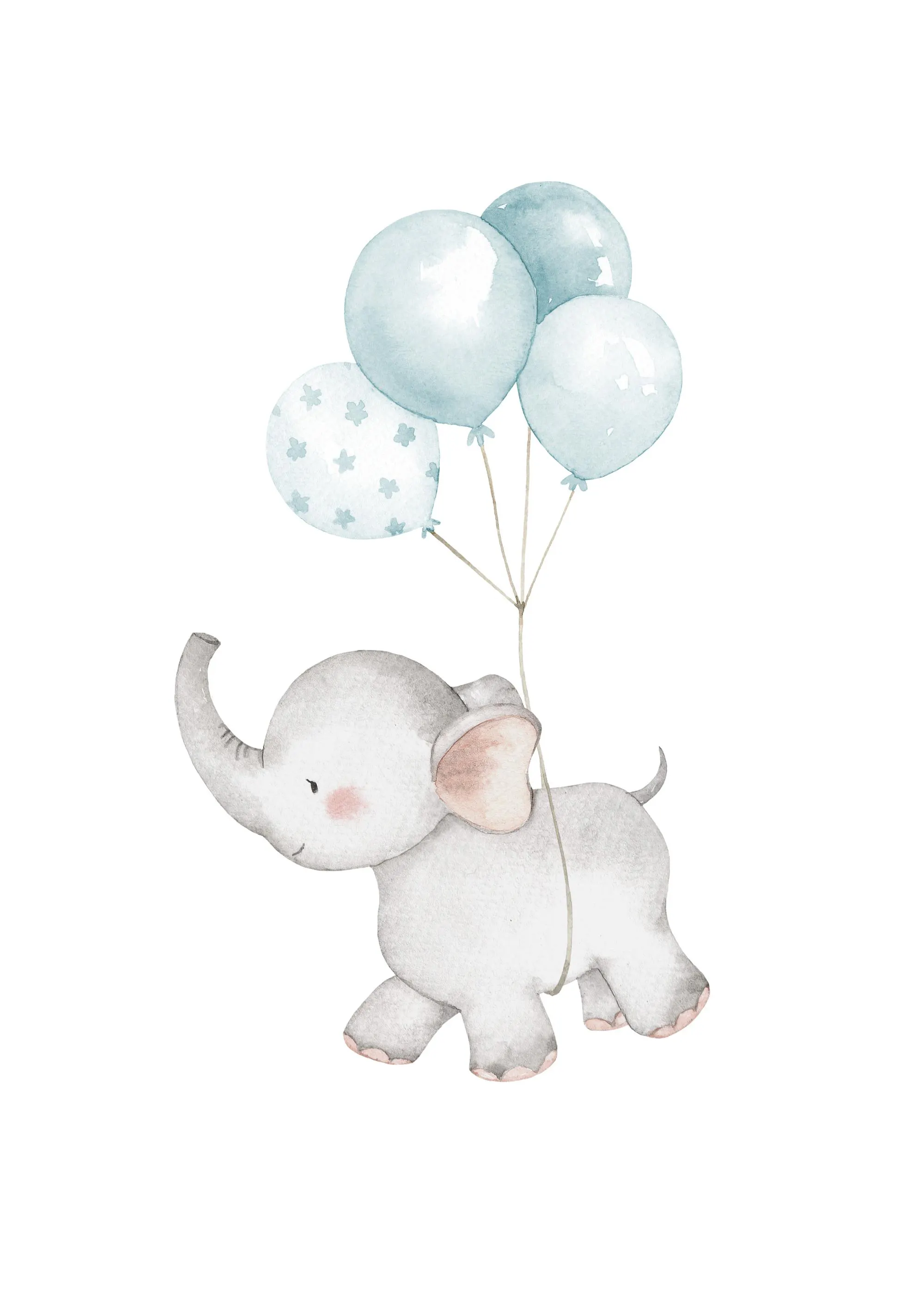 A poster featuring a watercolour illustration of a cute baby elephant holding a bunch of blue balloons.