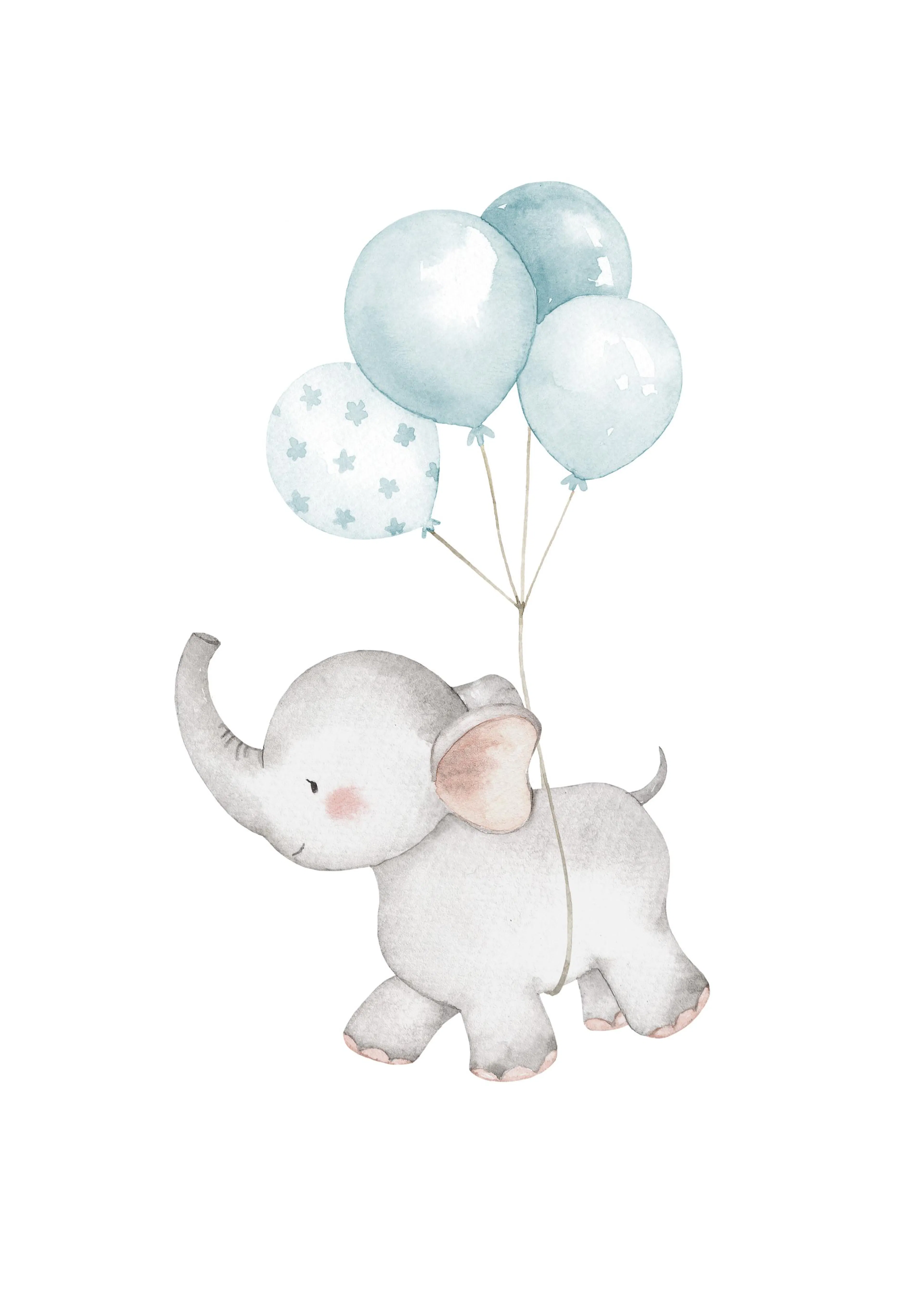 A poster featuring a watercolour illustration of a cute baby elephant holding a bunch of blue balloons.