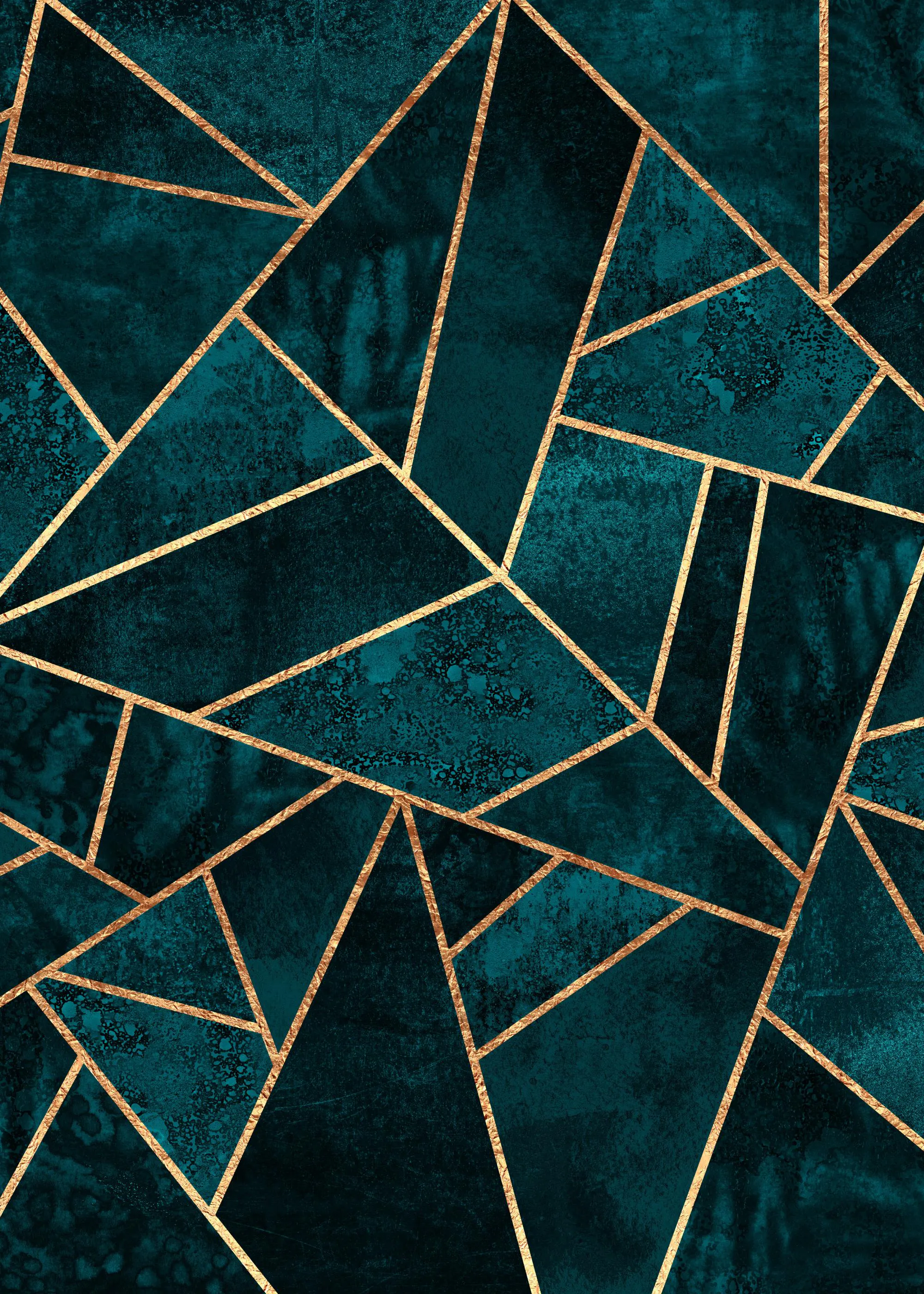 Plakát s abstraktním designem v odstínech petrolejové modři a smaragdové zeleně, protkaný zlatými geometrickými liniemi.