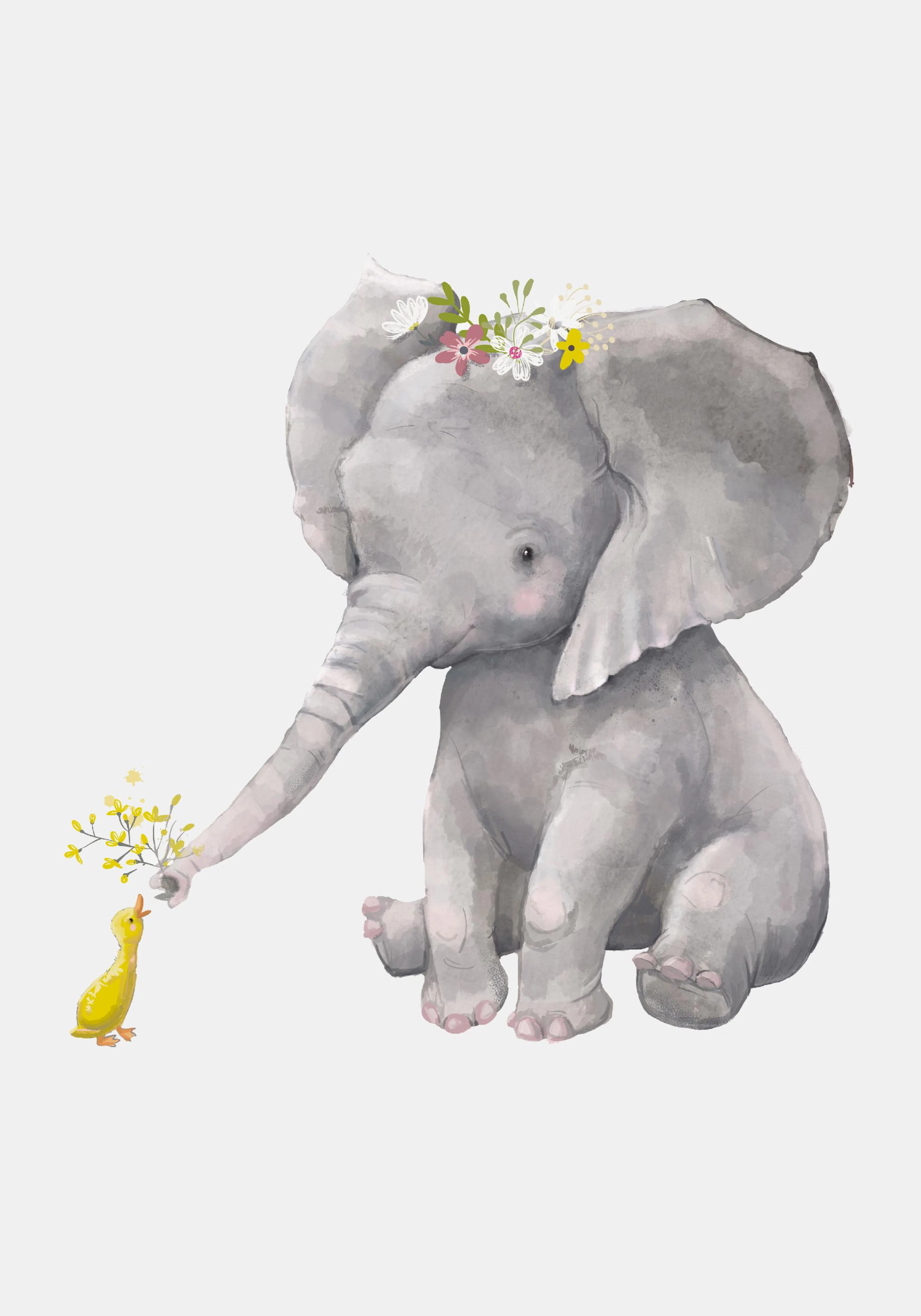 A poster featuring a cute baby elephant with a floral crown offering yellow flowers to a tiny yellow duckling.