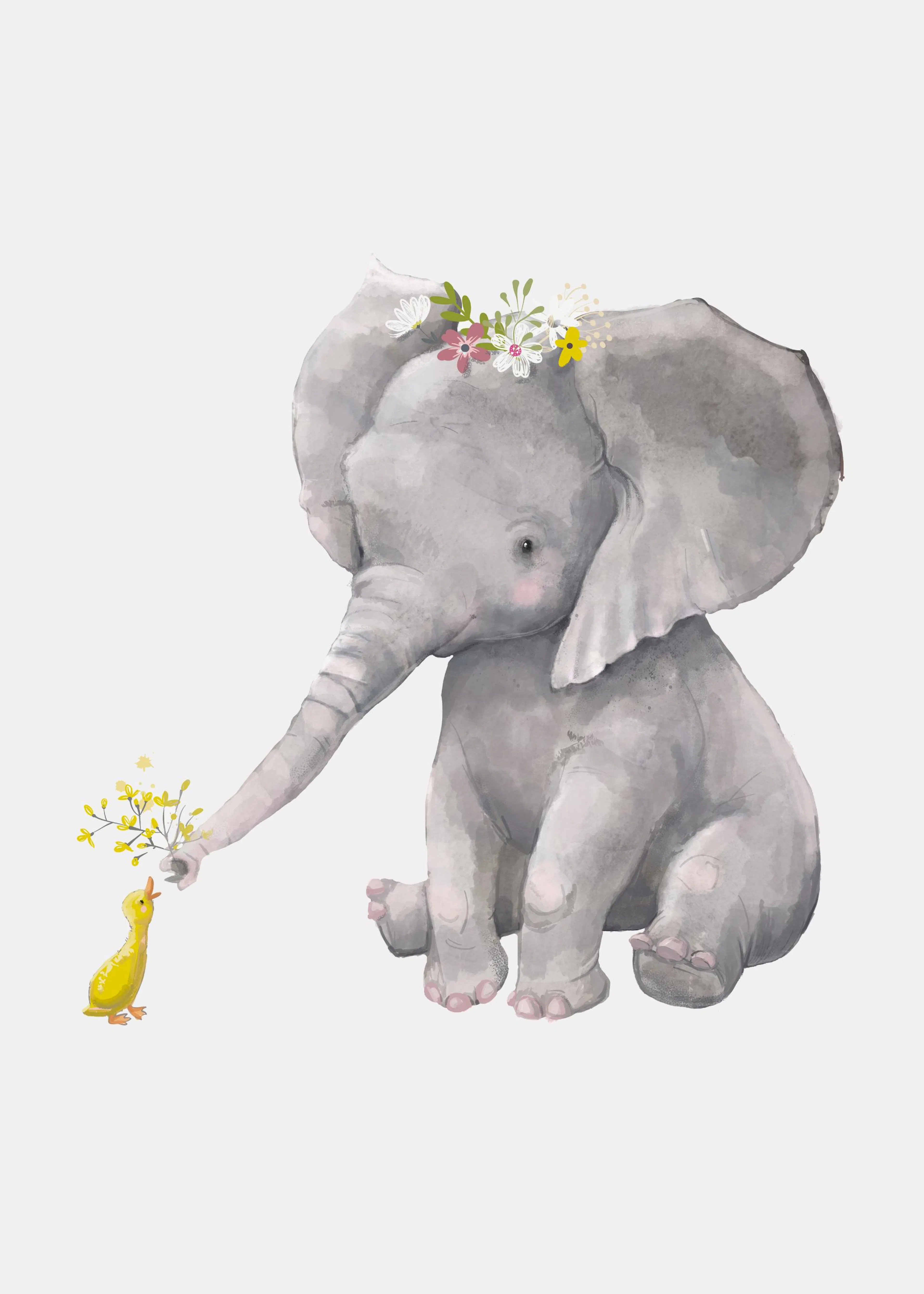A poster featuring a sweet baby elephant with a flower crown, offering yellow flowers to a little duckling, perfect for a nurser