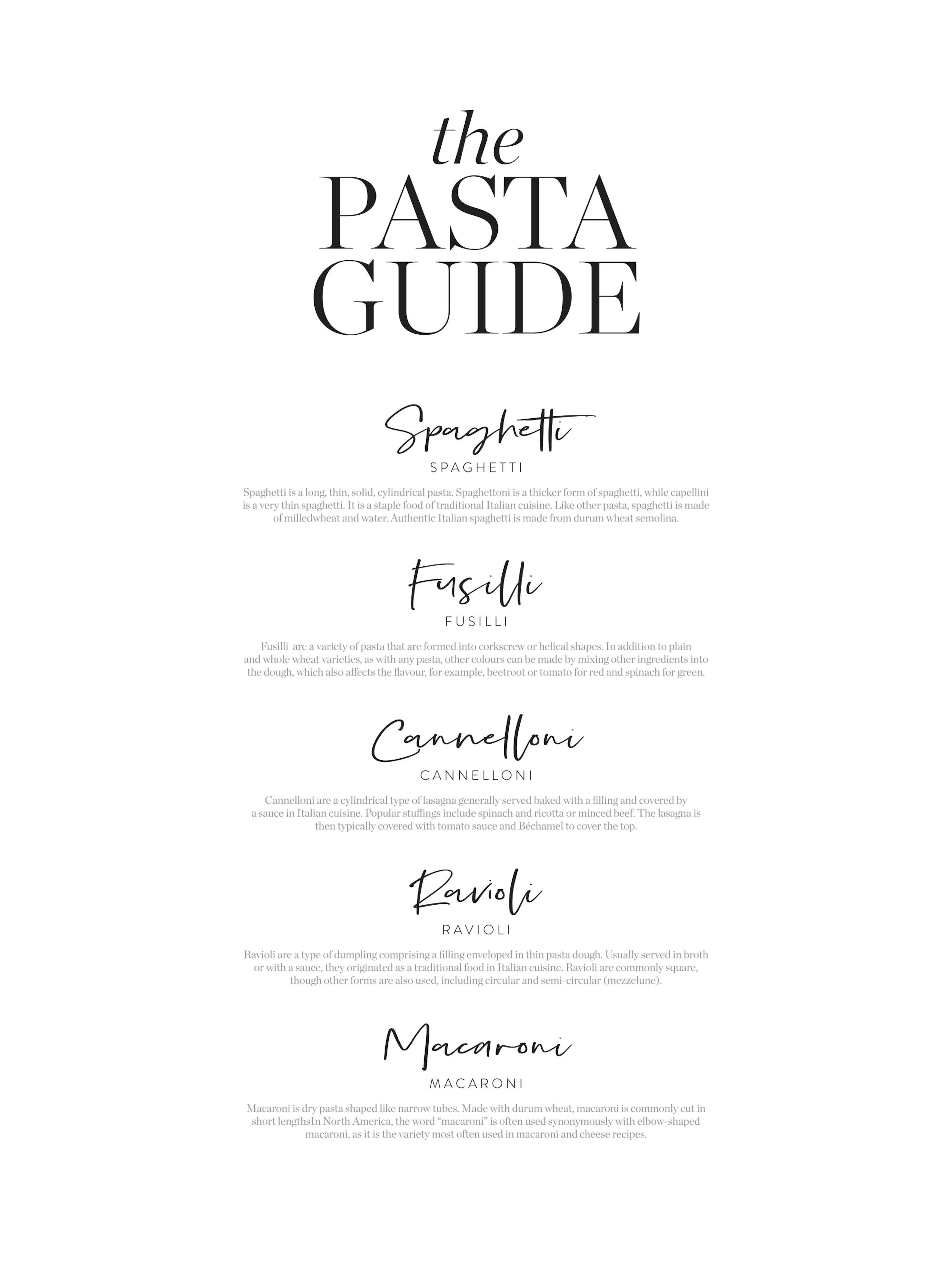 Poster ghid de paste cu tipuri de paste, text negru pe fundal alb, incluzând spaghetti, fusilli, cannelloni, ravioli și macaroan