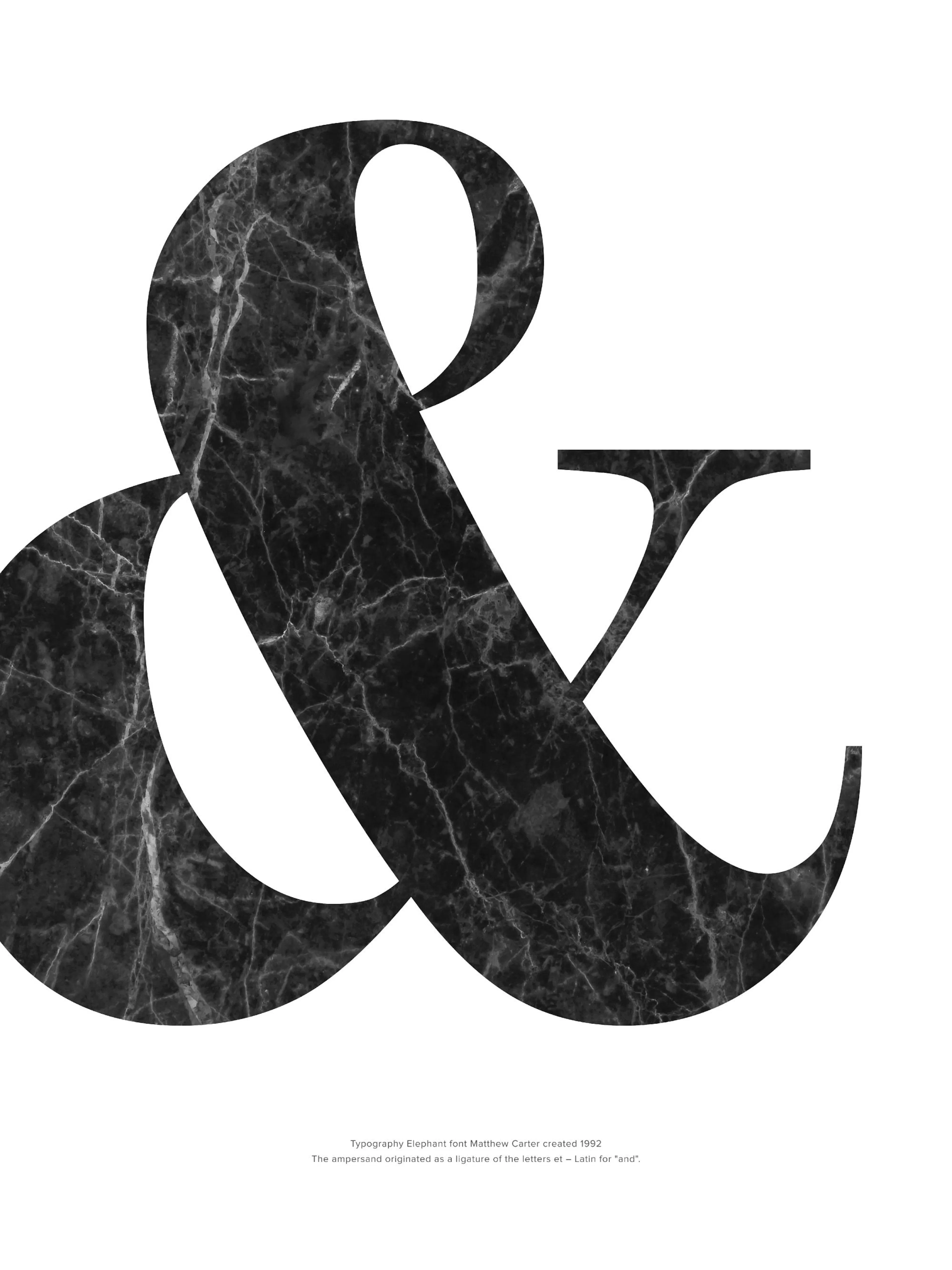 Een poster met een grote, zwarte ampersand met marmertextuur, op een witte achtergrond.