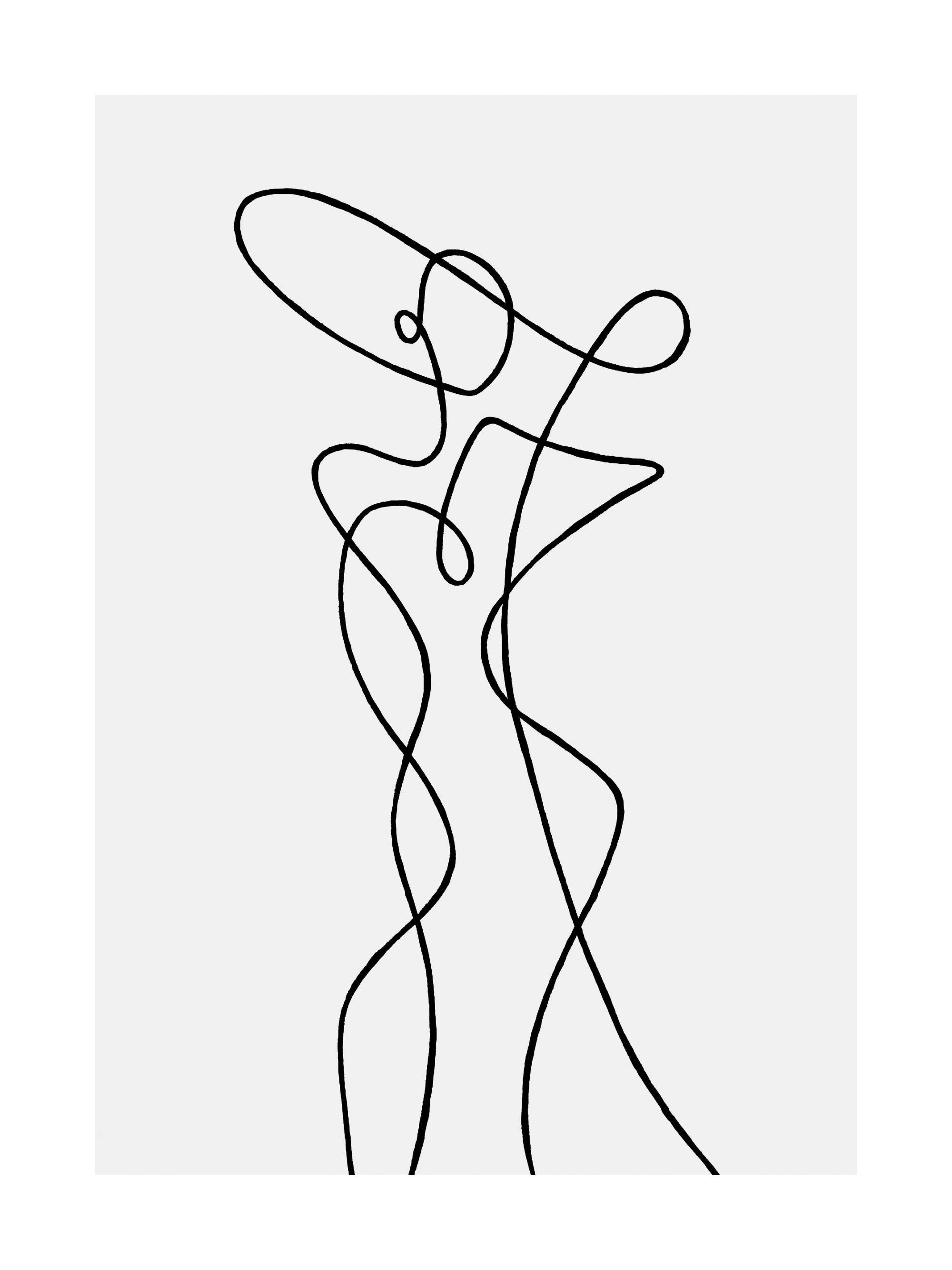 Poster: Eine minimalistische Strichzeichnung einer eleganten Frau mit Hut auf grau-weißem Hintergrund.