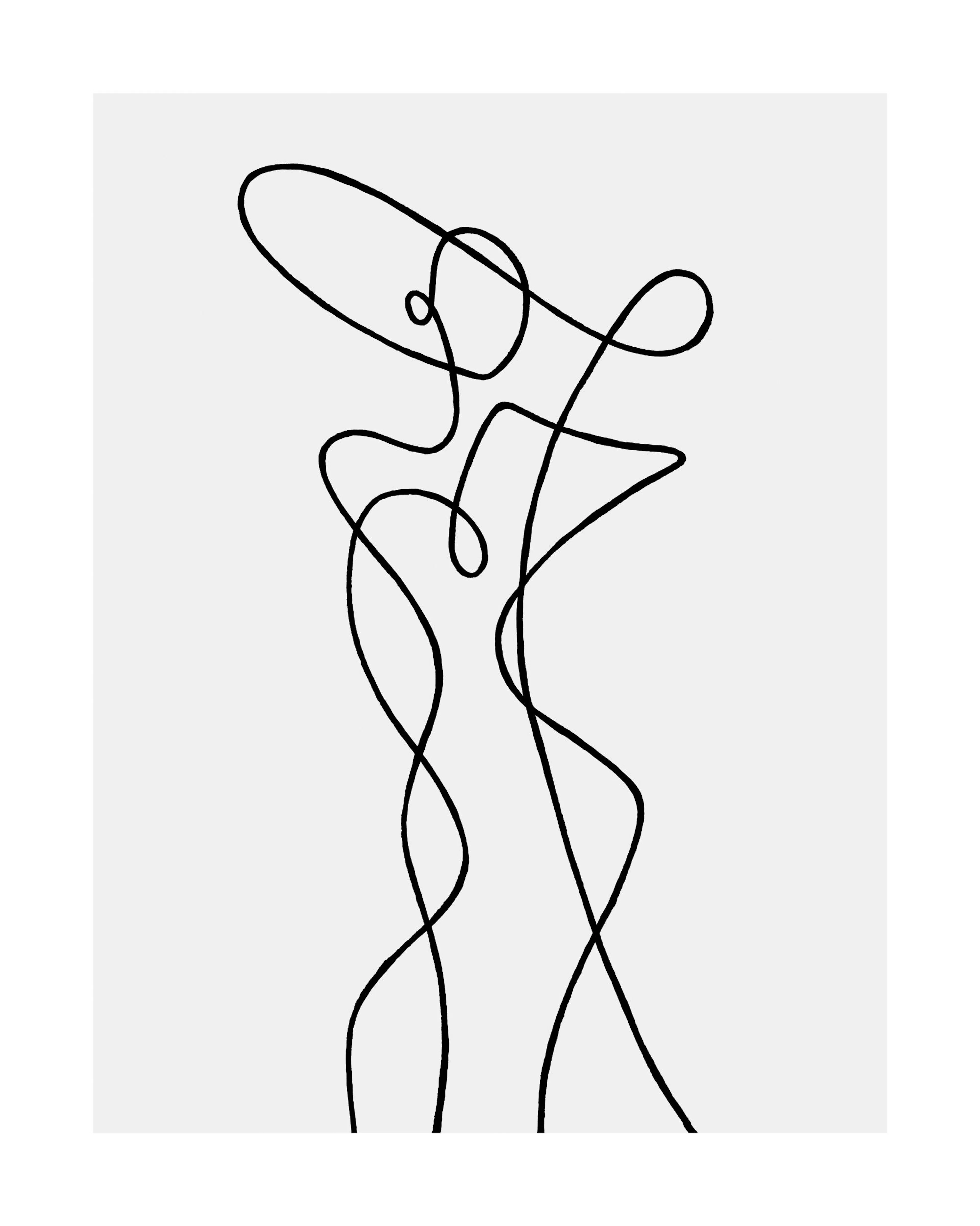 A poster featuring a womans profile in black continuous line art with a hat on a white background.