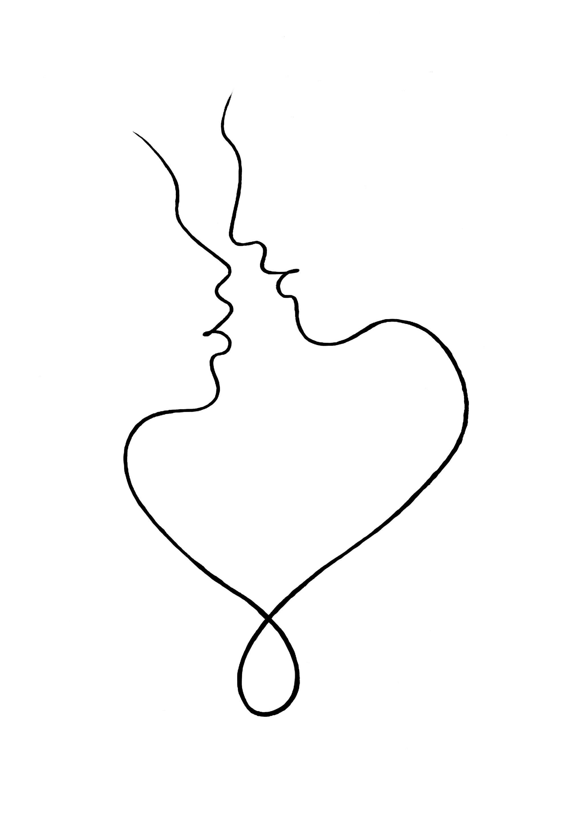 Poster mit einer minimalistischen schwarzen Strichzeichnung von zwei sich küssenden Gesichtern, die ein Herz bilden.