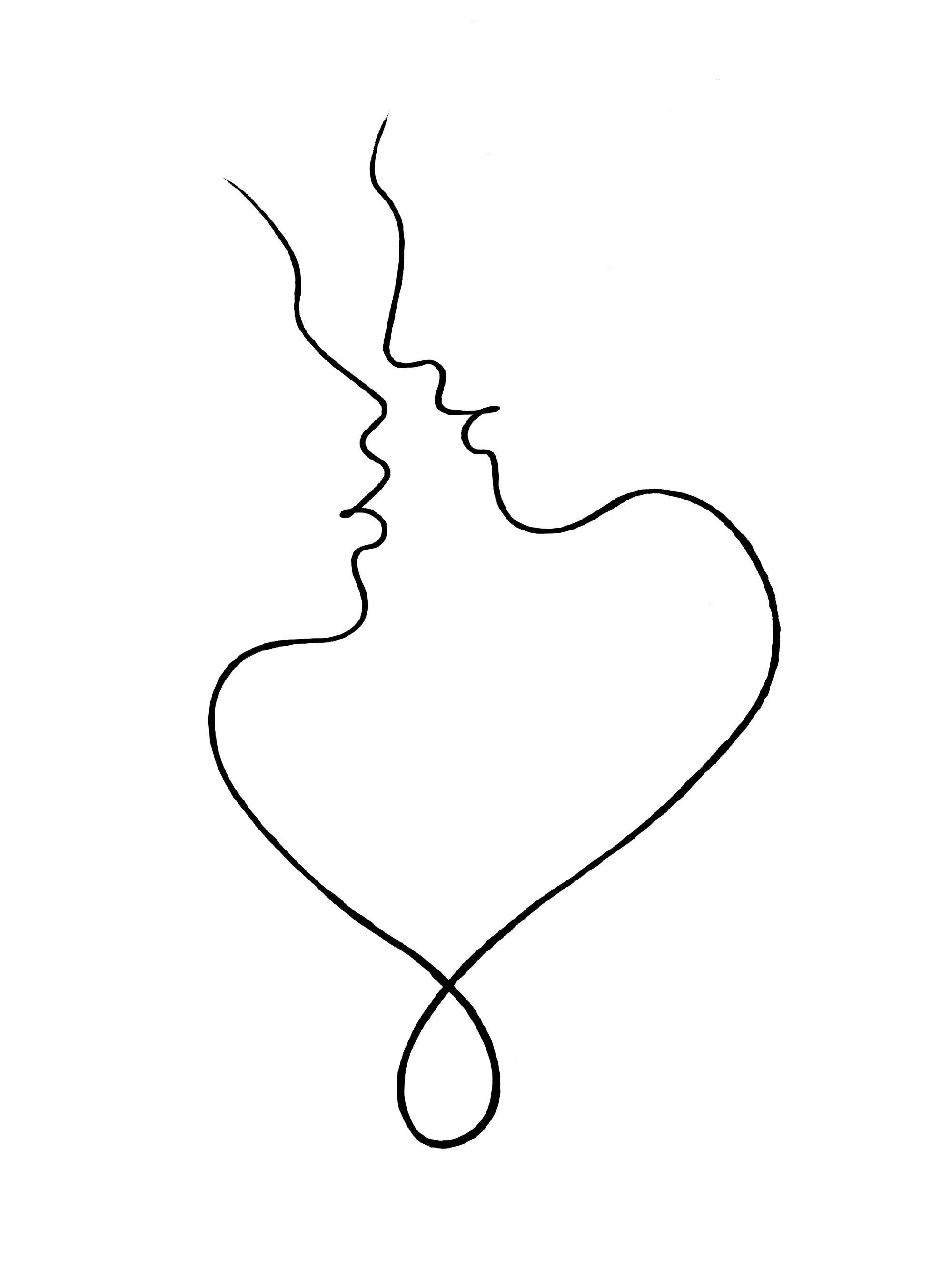 Plakat przedstawiający dwie twarze w minimalistycznym stylu, tworzące kształt serca, na białym tle.