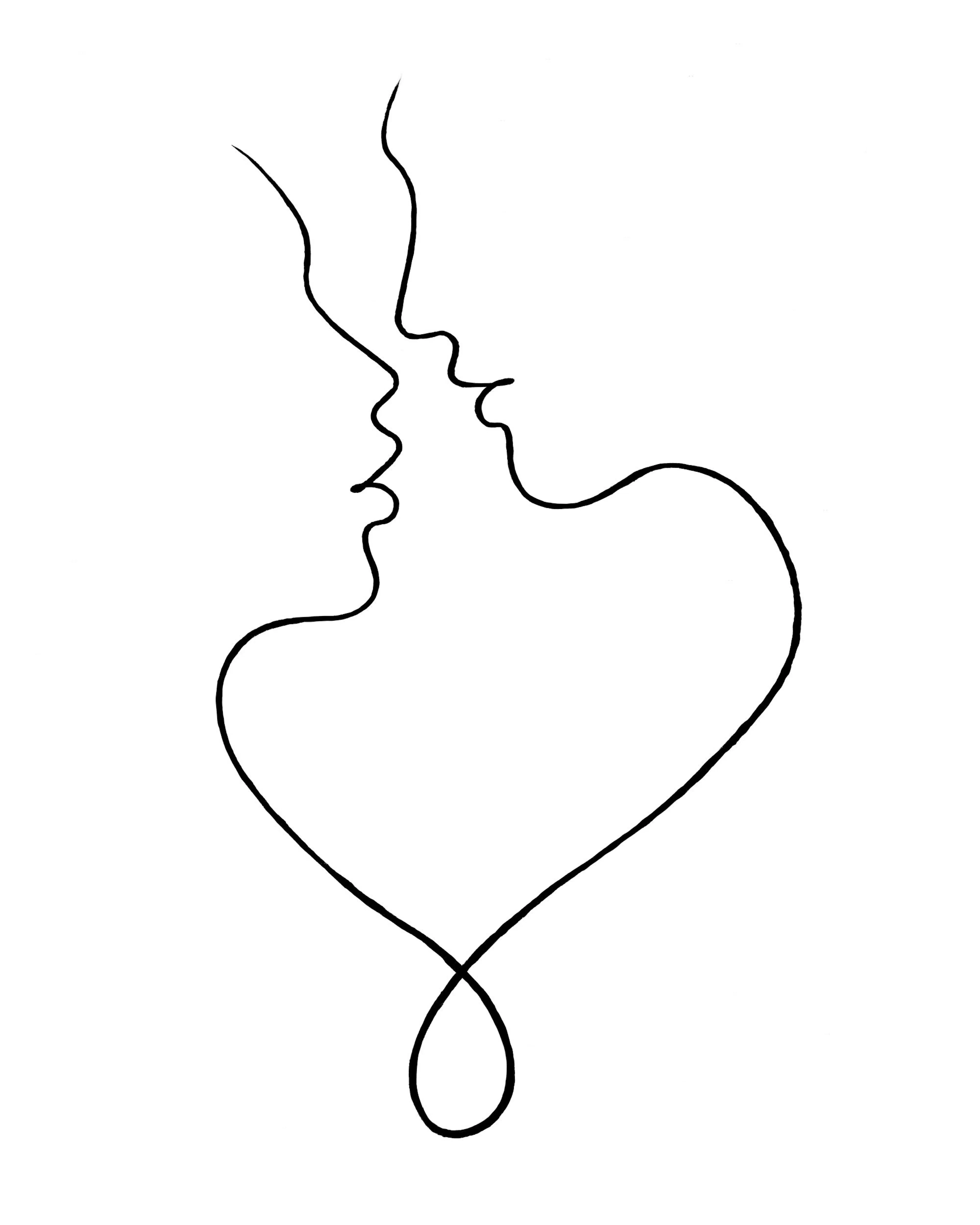 키스하는 두 사람의 얼굴이 하트 모양으로 이어지는 하나의 선으로 표현된 미니멀한 러브 포스터