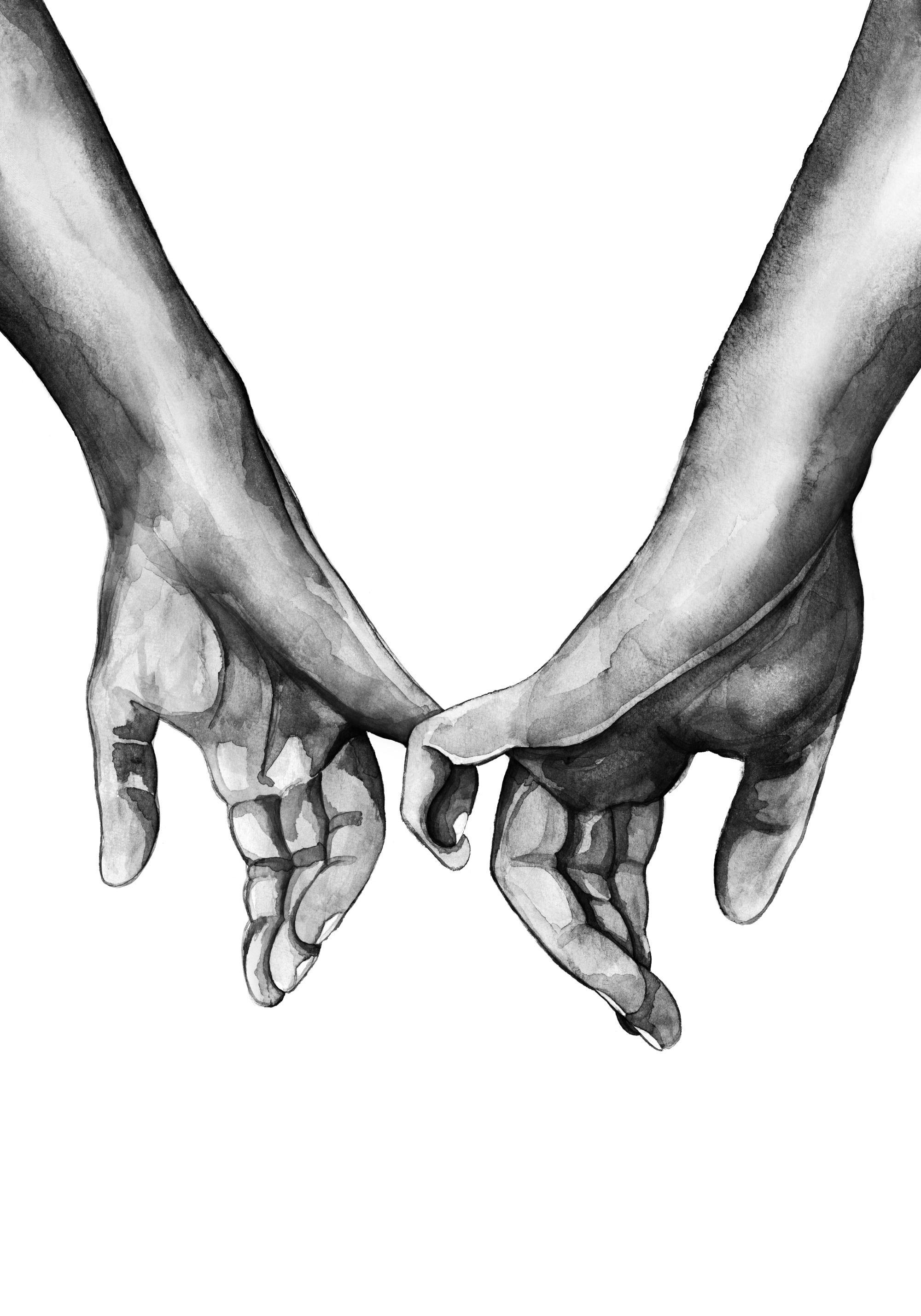Plakat przedstawiający dłonie splecione palcami, w monochromatycznym stylu akwareli.