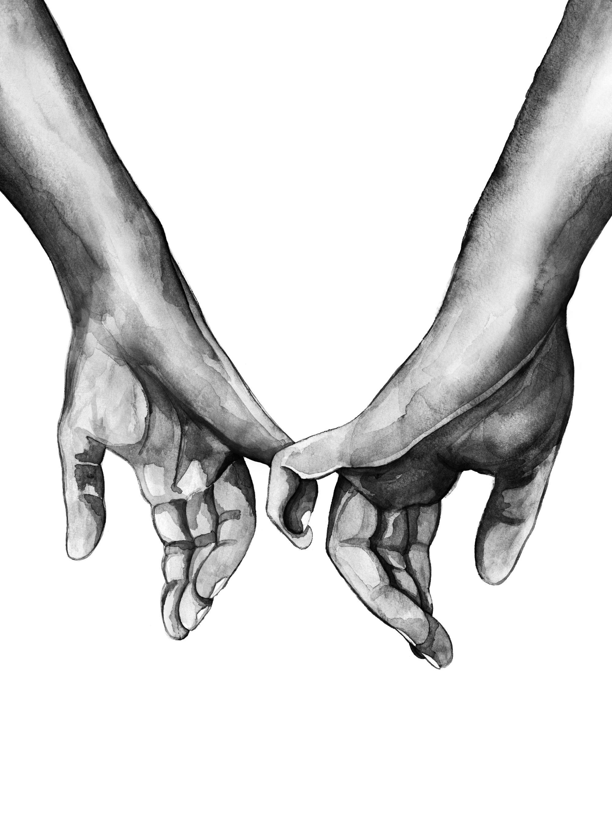 A poster featuring a black and white watercolor illustration of two hands interlocking pinky fingers on a white background.