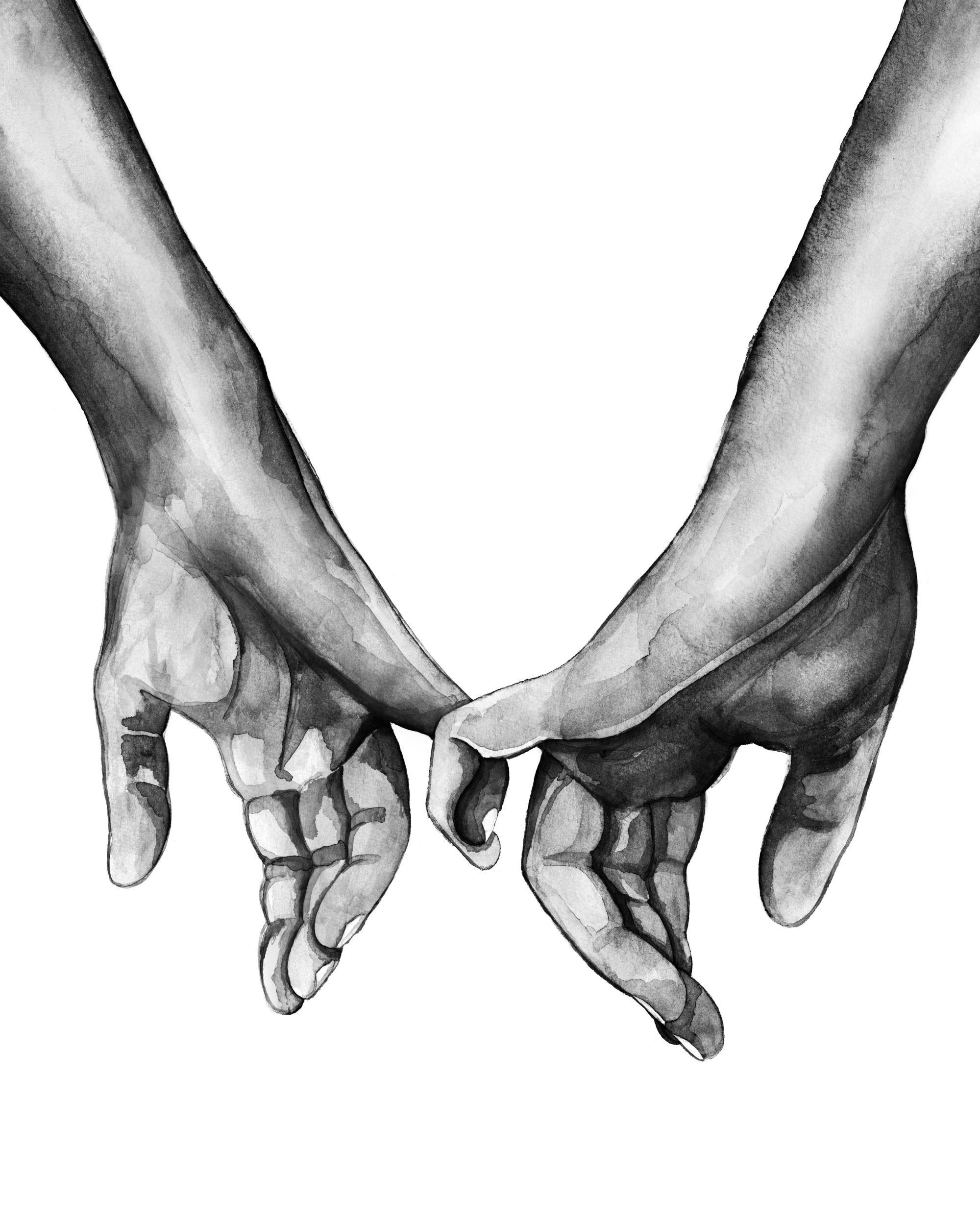 A poster featuring a black and white watercolor illustration of two hands with their pinky fingers interlocked, symbolising a pi