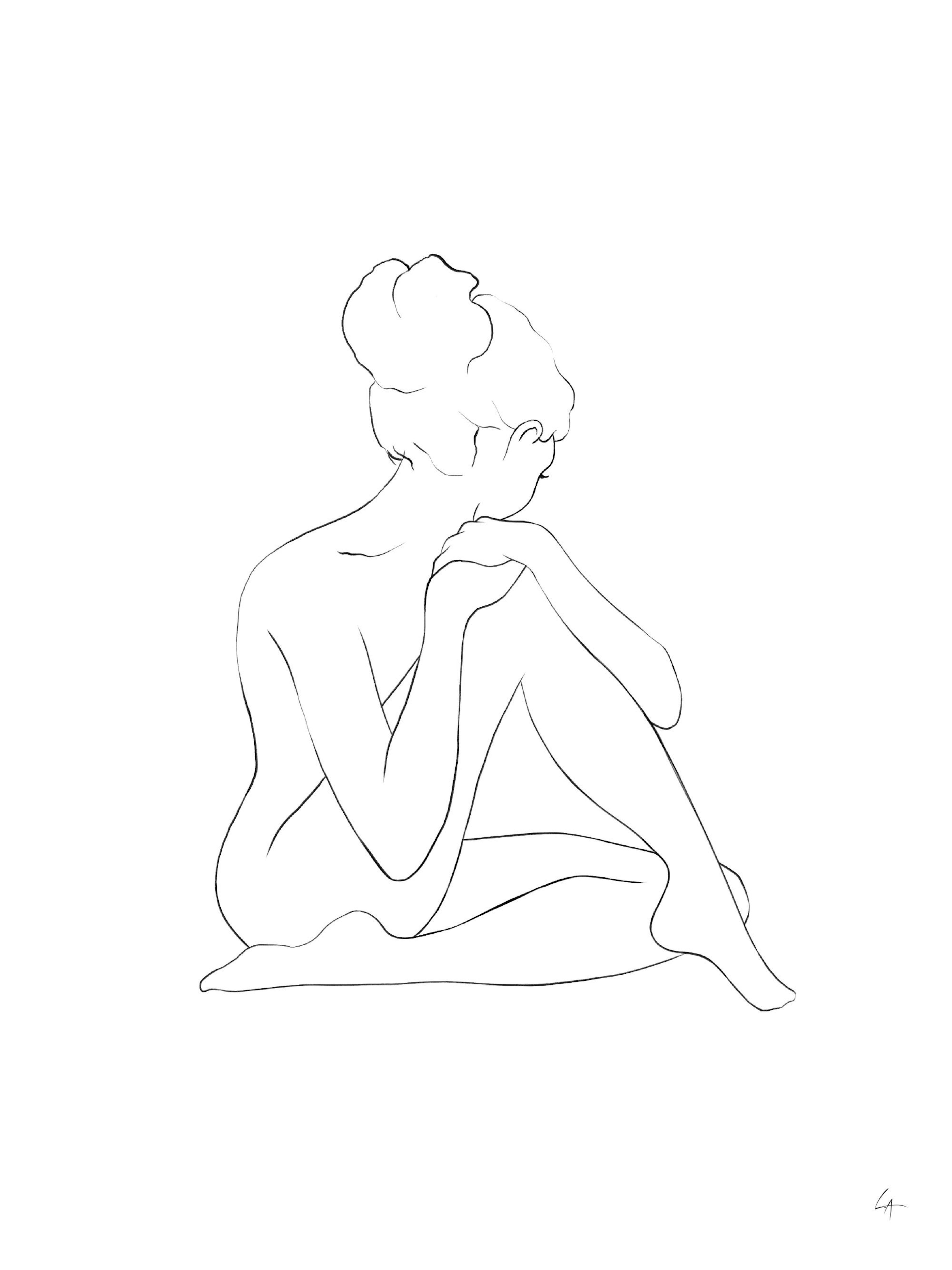 A poster featuring a minimalist line art drawing of a seated woman, with her head gently bowed.