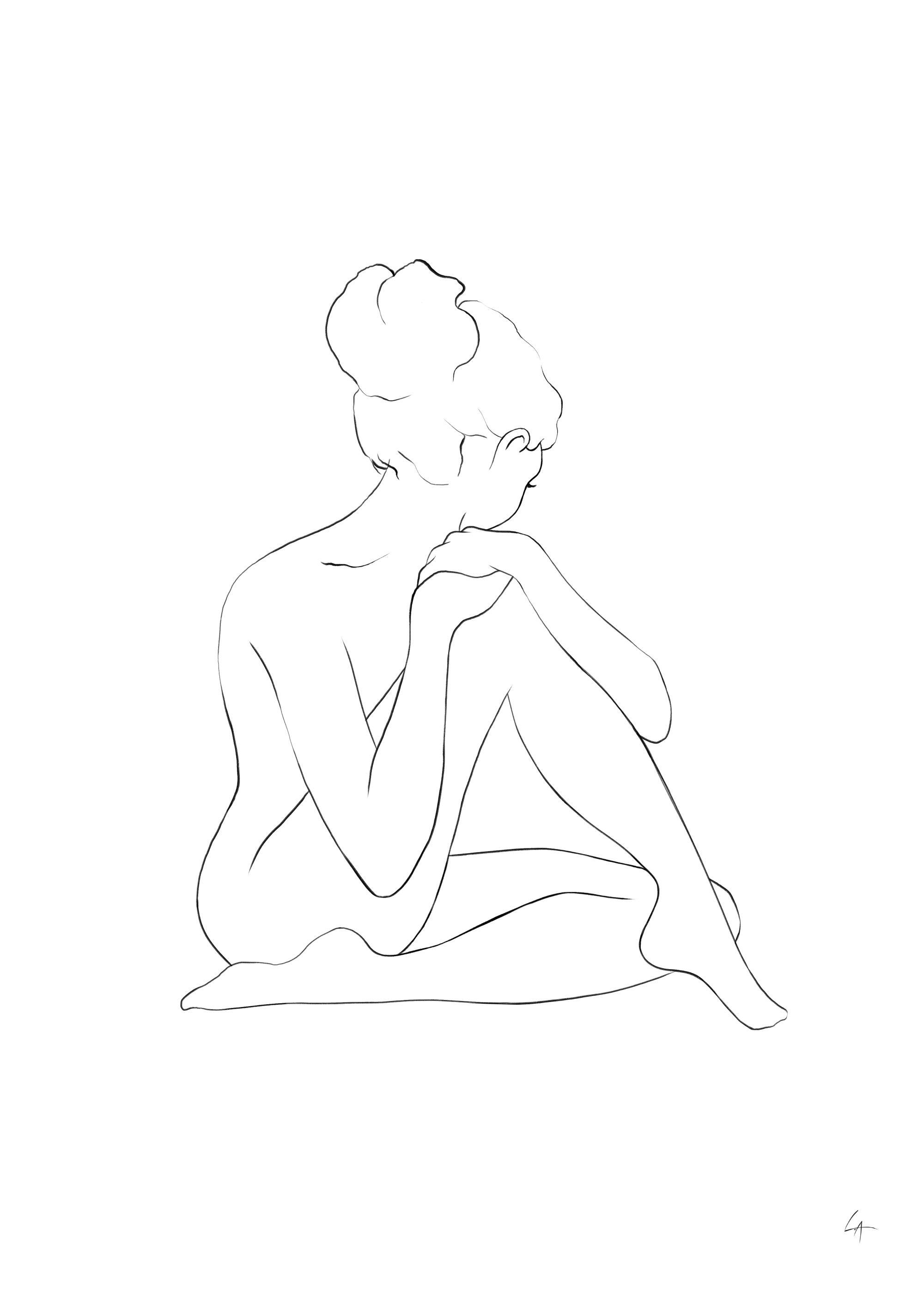 A poster featuring a minimalist line art drawing of a seated woman, with her head gently bowed.
