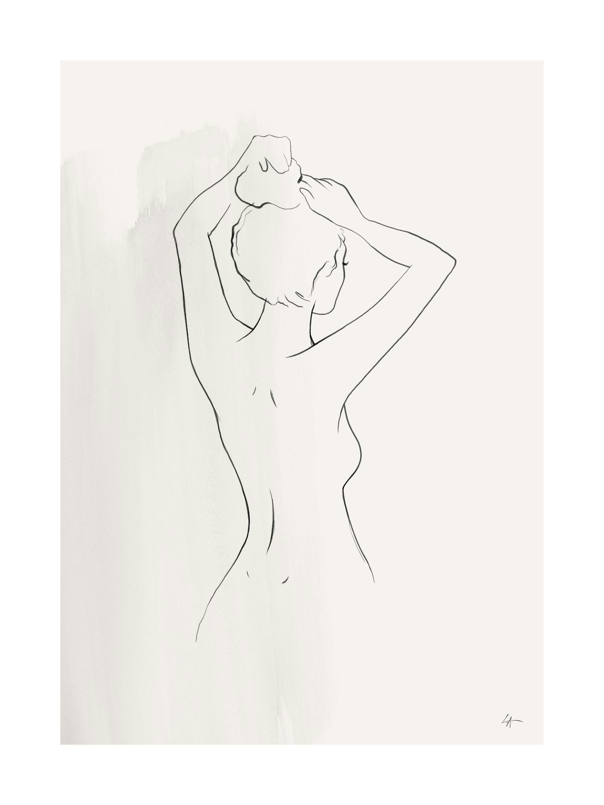 Un poster cu un desen minimalist, o siluetă feminină din spate, cu părul prins și brațele ridicate, pe un fundal bej deschis.