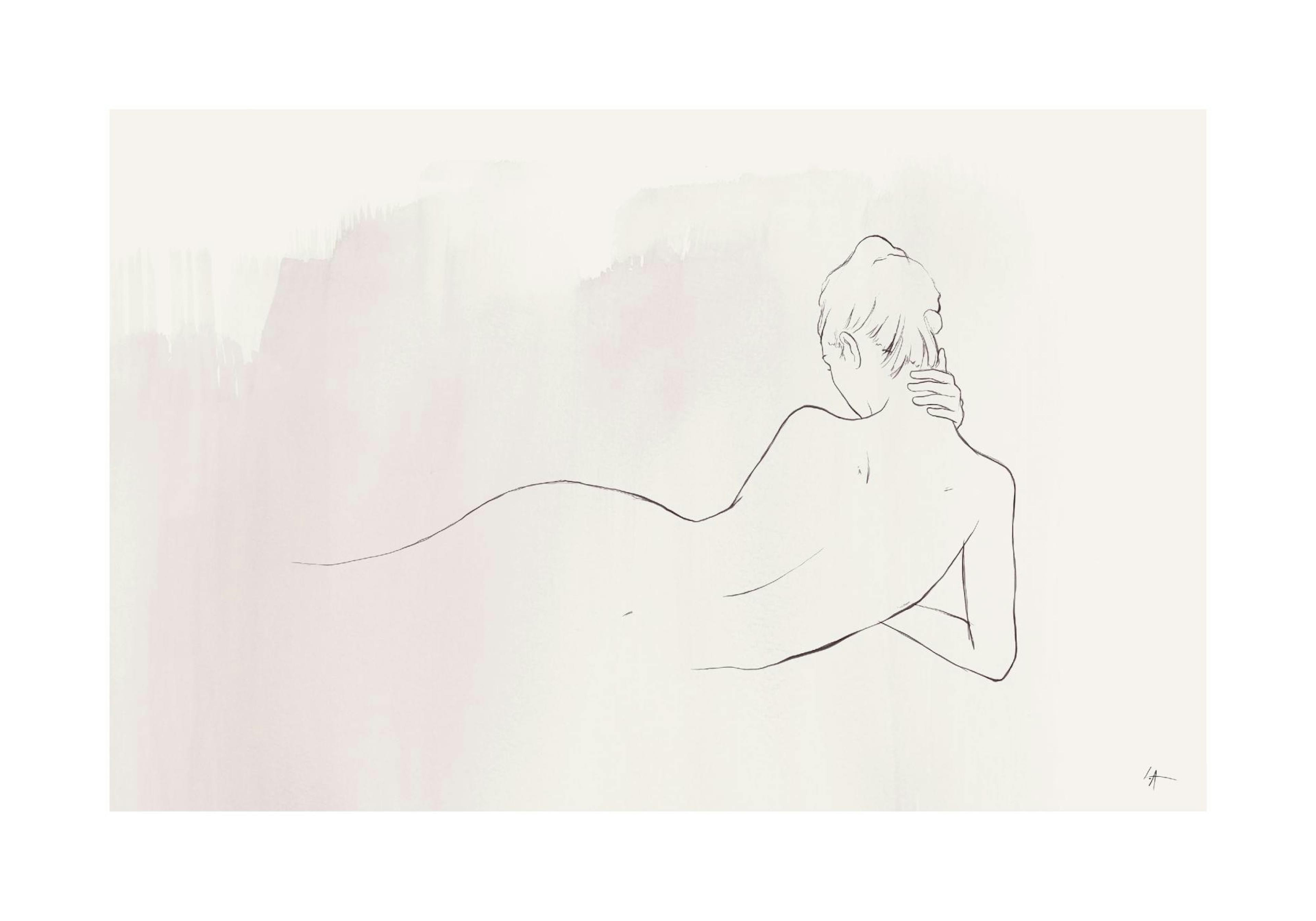 누워있는 여성의 뒷모습을 스케치한 미니멀리즘 디자인의 poster입니다.