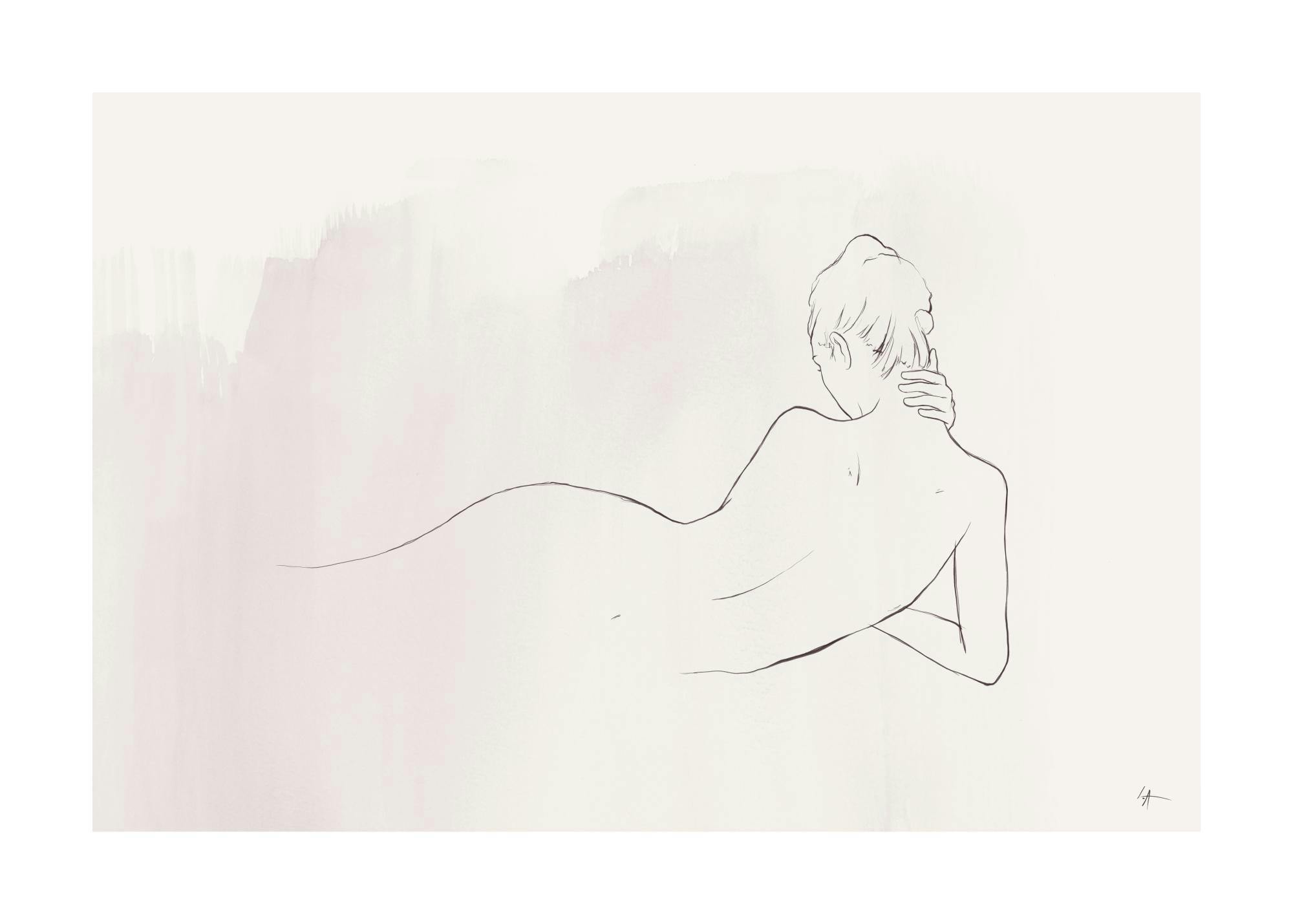 Poster dune illustration minimaliste dune silhouette féminine allongée, avec des tons doux en arrière-plan.