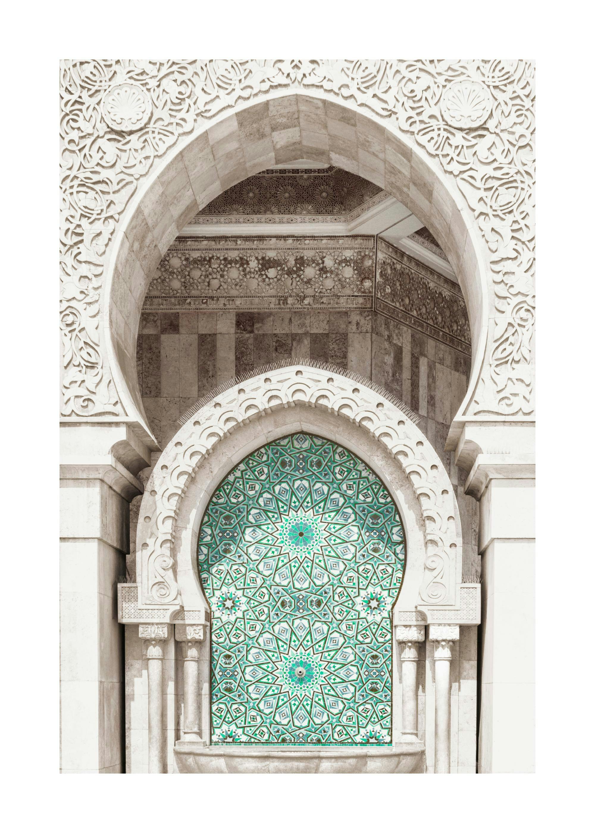 A poster featuring an ornate Islamic archway with intricate carvings and a vibrant green and teal mosaic fountain.