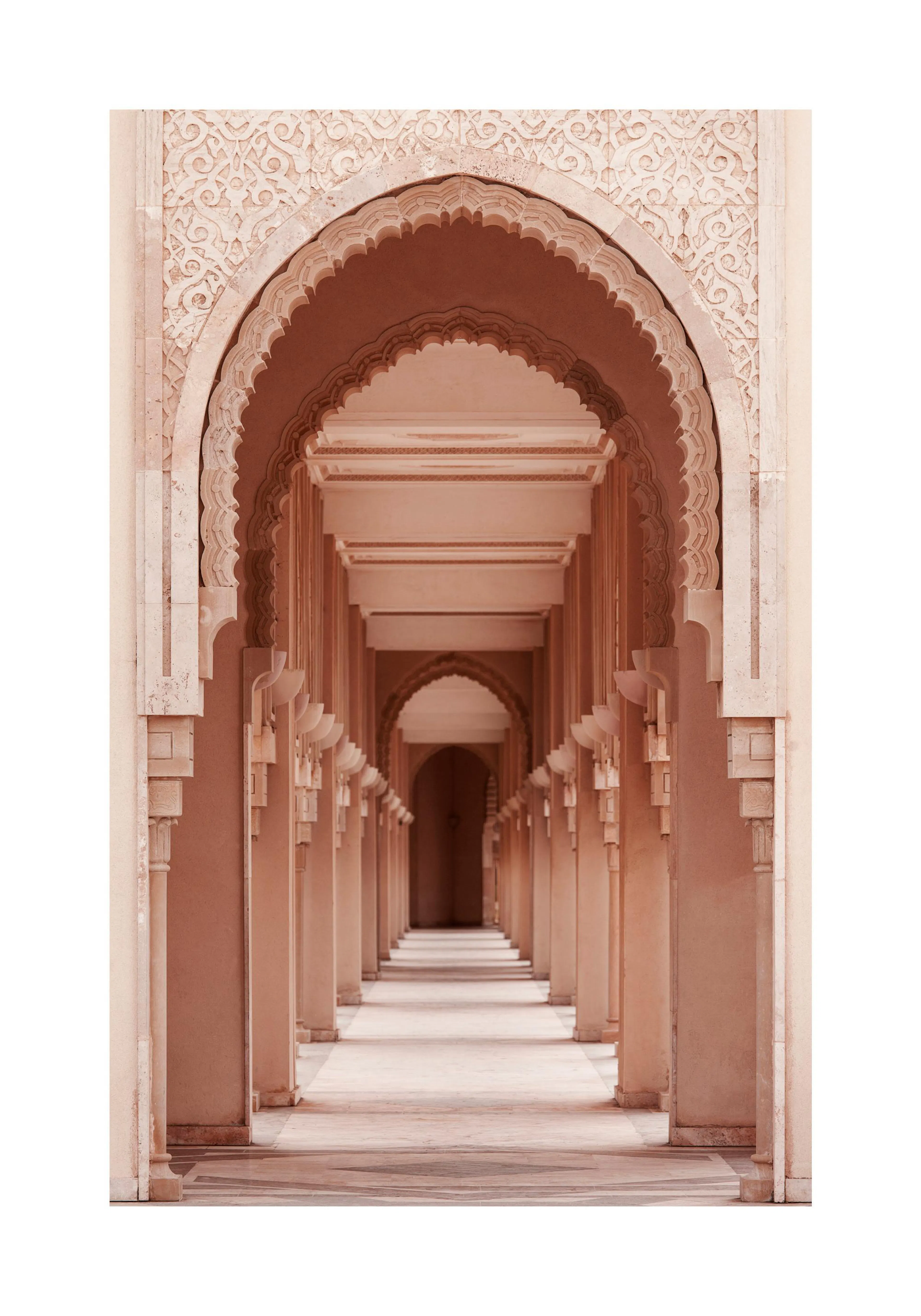 A poster featuring a long hallway with repeating ornate arches and pillars, in a subtle peach and beige palette.