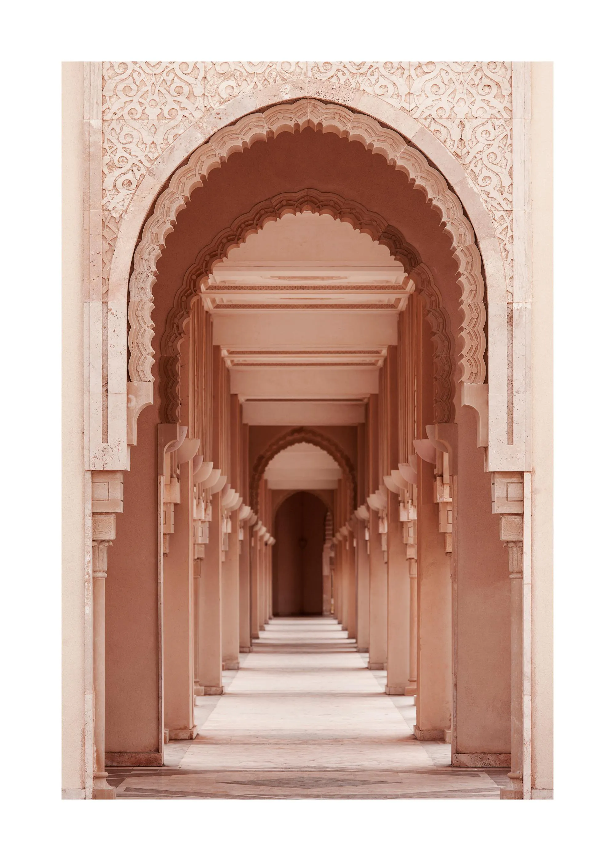 A poster featuring a long hallway with ornate arched doorways and columns in a warm terracotta hue, leading to a distant arch.