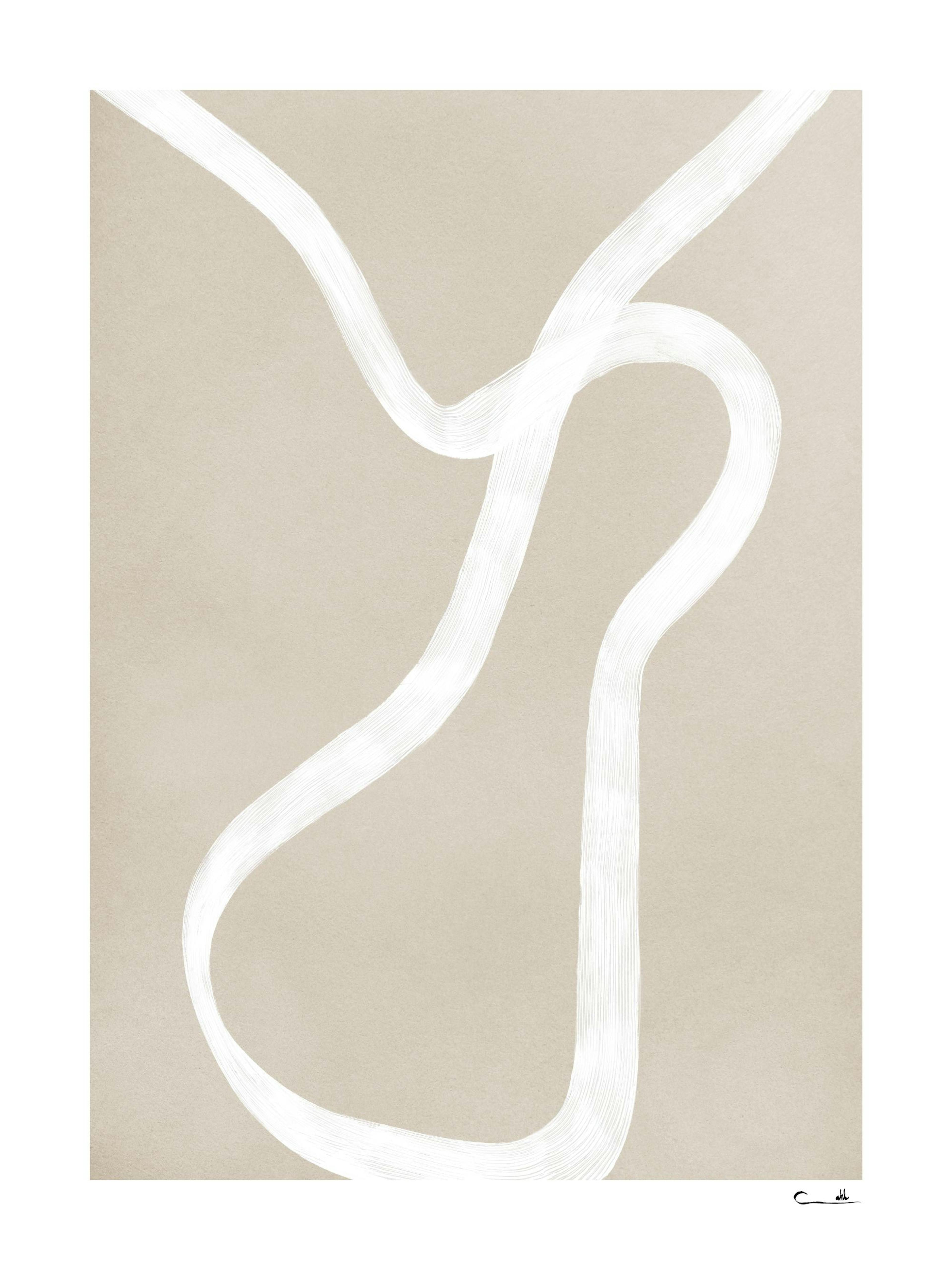 A poster featuring a beige background with thick, white, textured brushstrokes forming abstract, flowing lines.