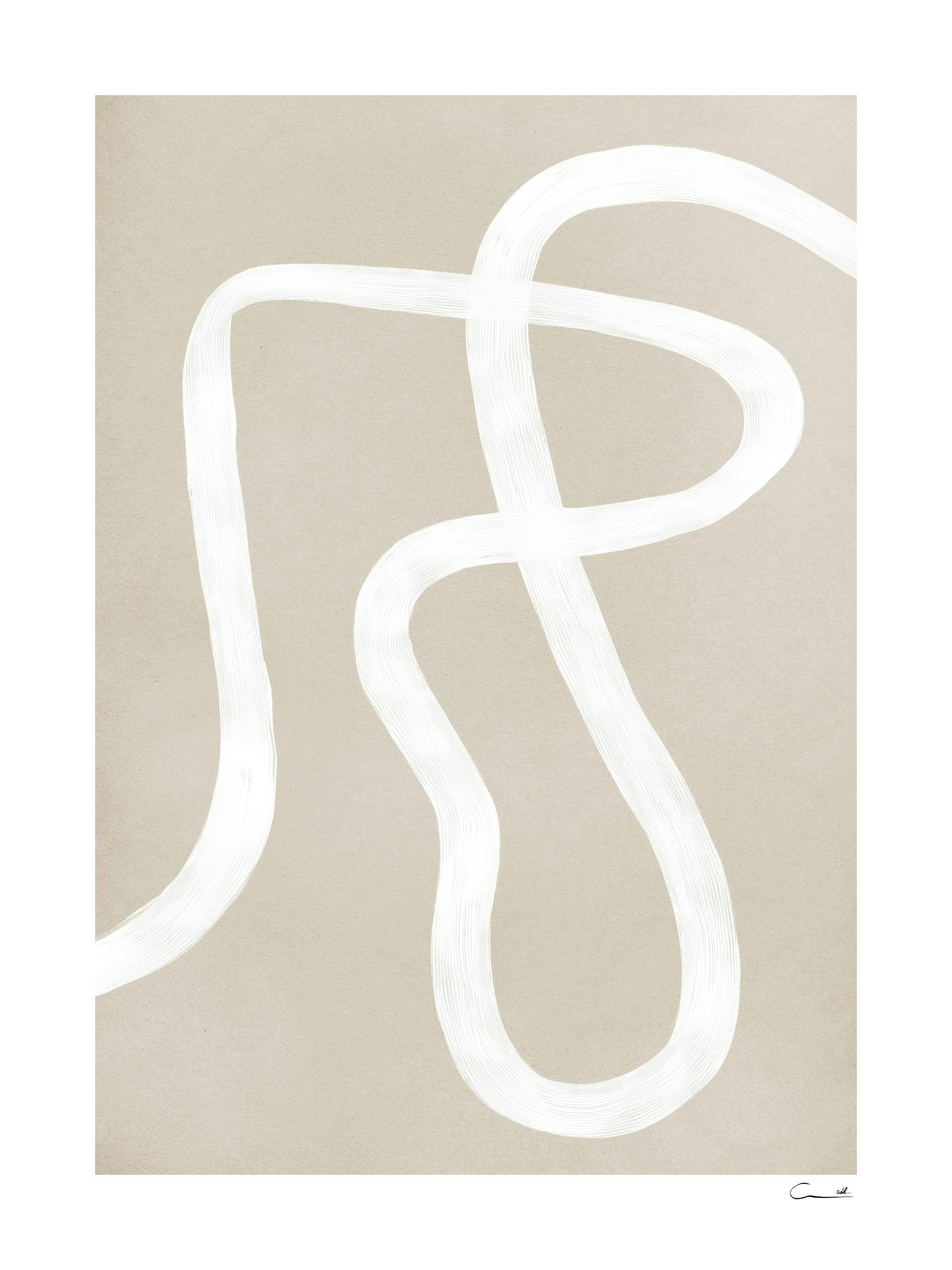 Juliste, jossa on beigellä pohjalla valkoinen abstrakti kuvio, joka muistuttaa polveilevaa viivaa.