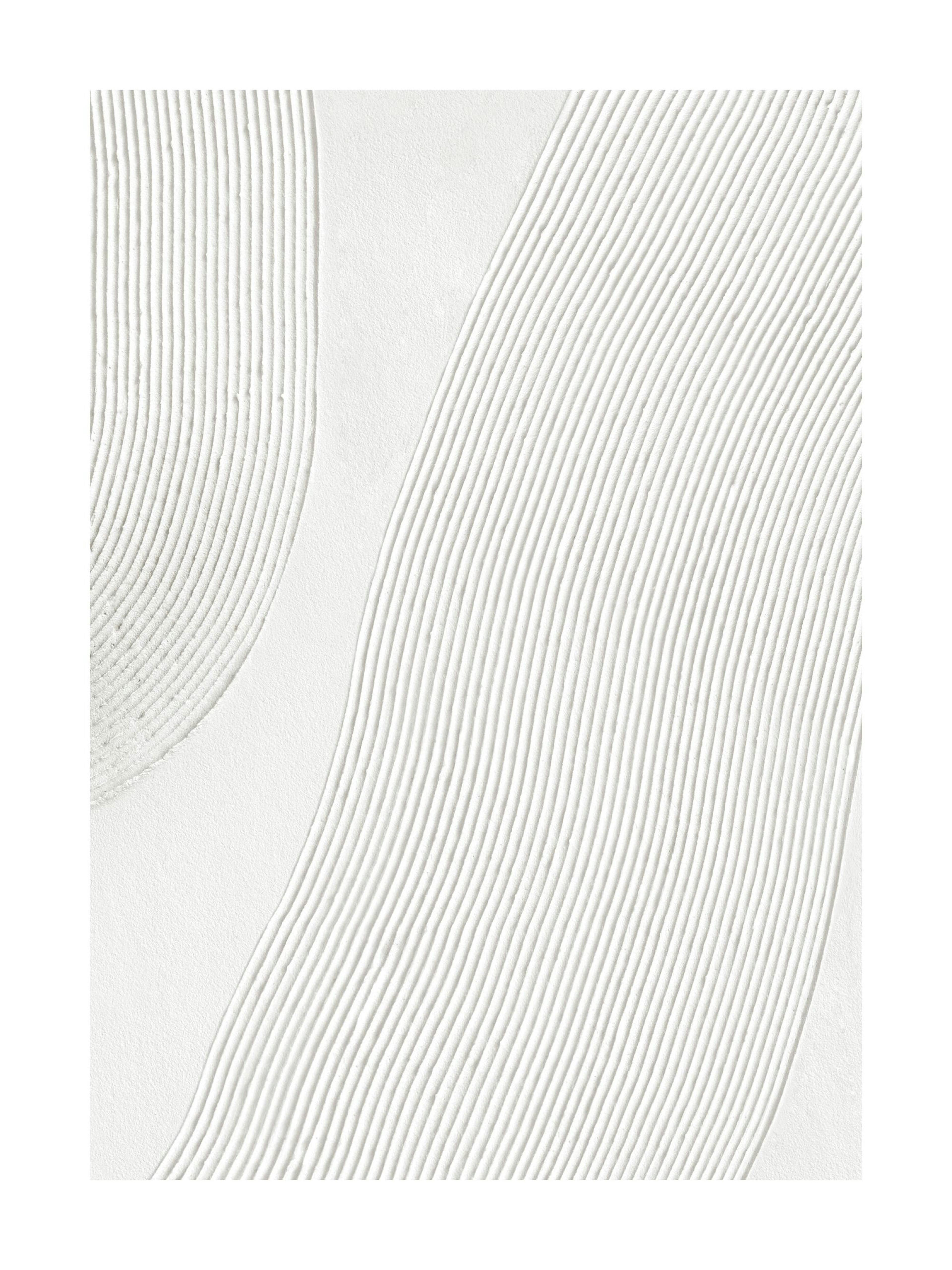 A poster featuring a minimalist white textured abstract design with wavy, curved lines on a white background.