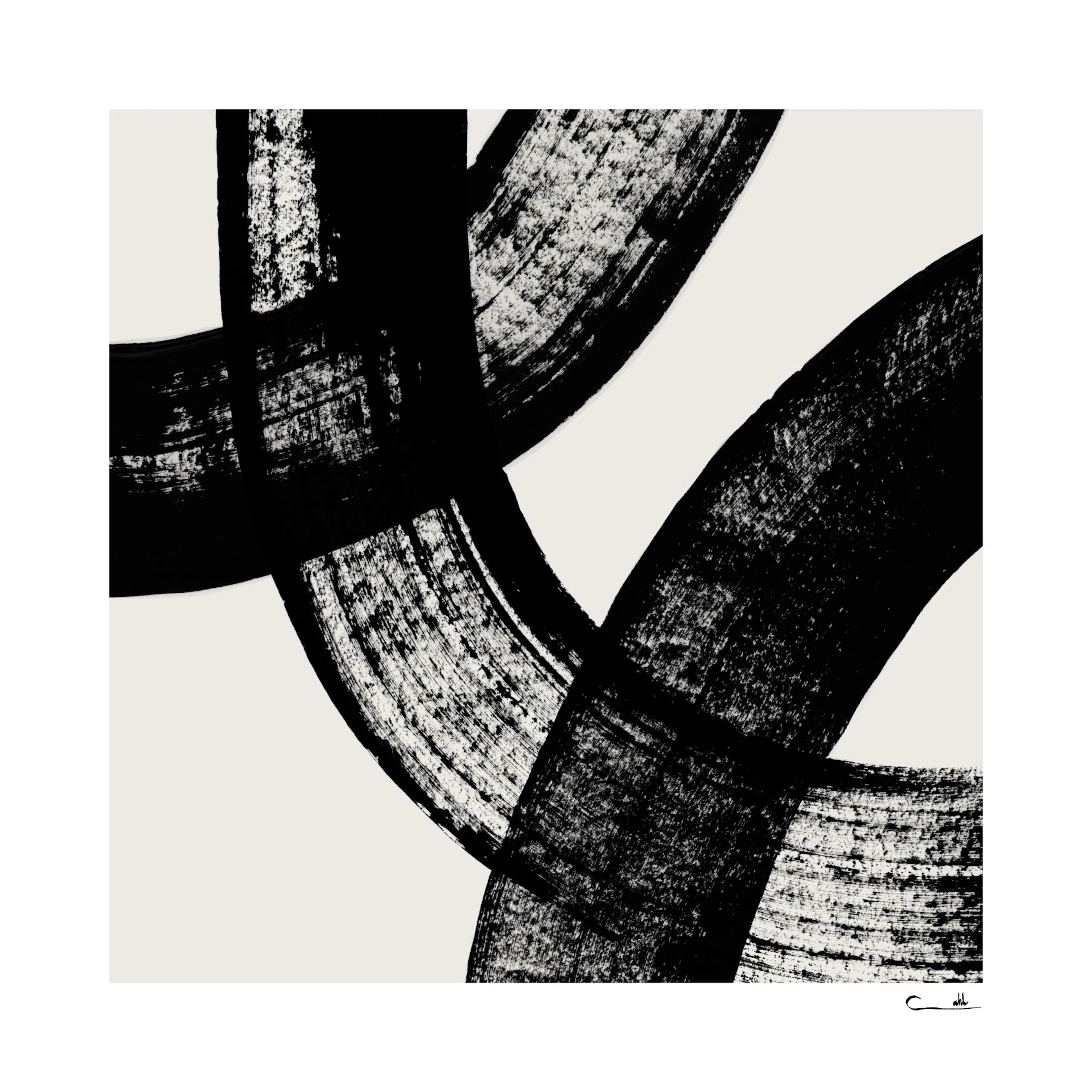 Póster abstracto con pinceladas negras gruesas entrelazadas sobre un fondo blanco.