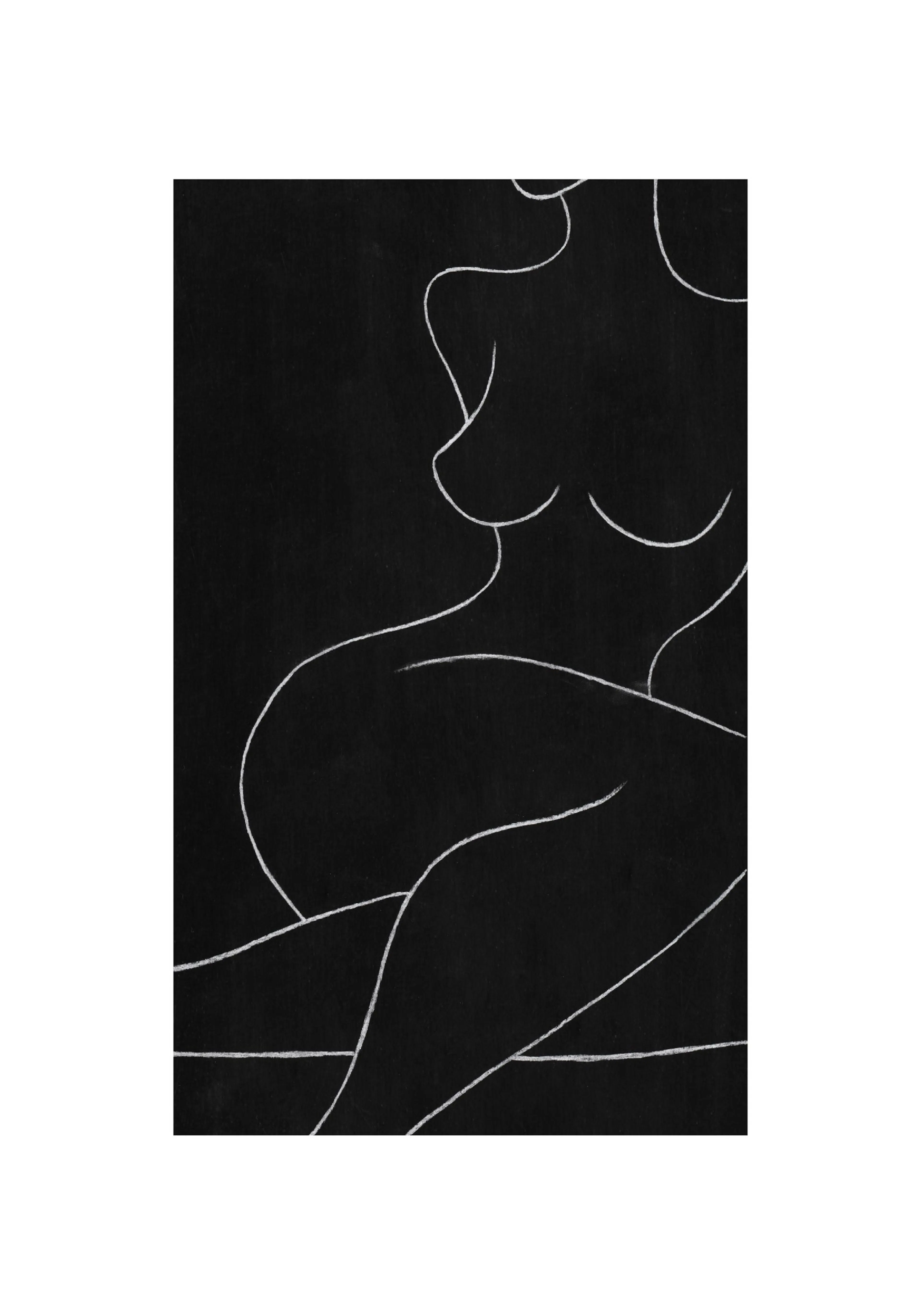 A poster featuring minimalist white line art of a female silhouette on a black background, emphasizing curves.