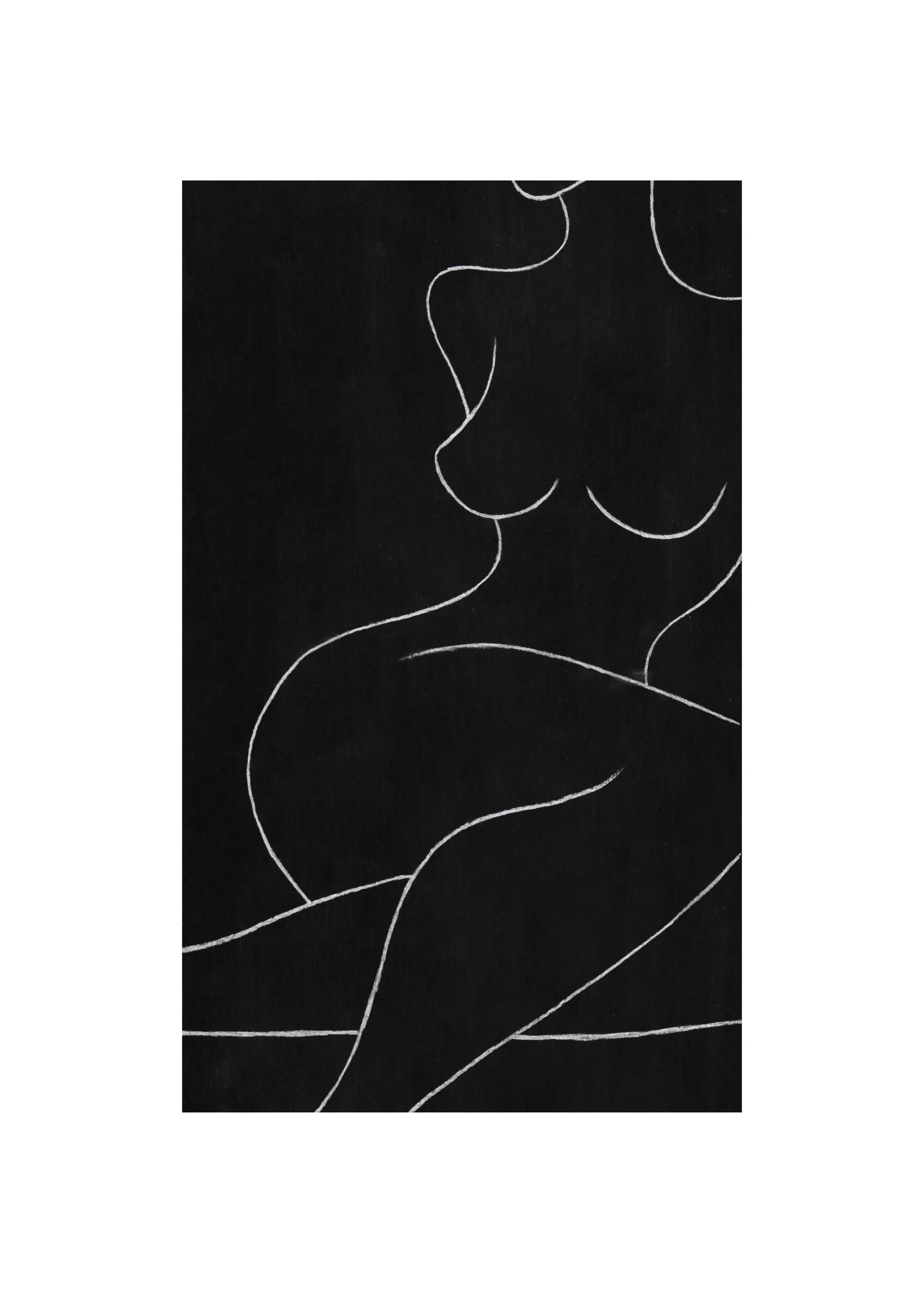 A poster featuring a black and white minimalist line art of a seated female figure.