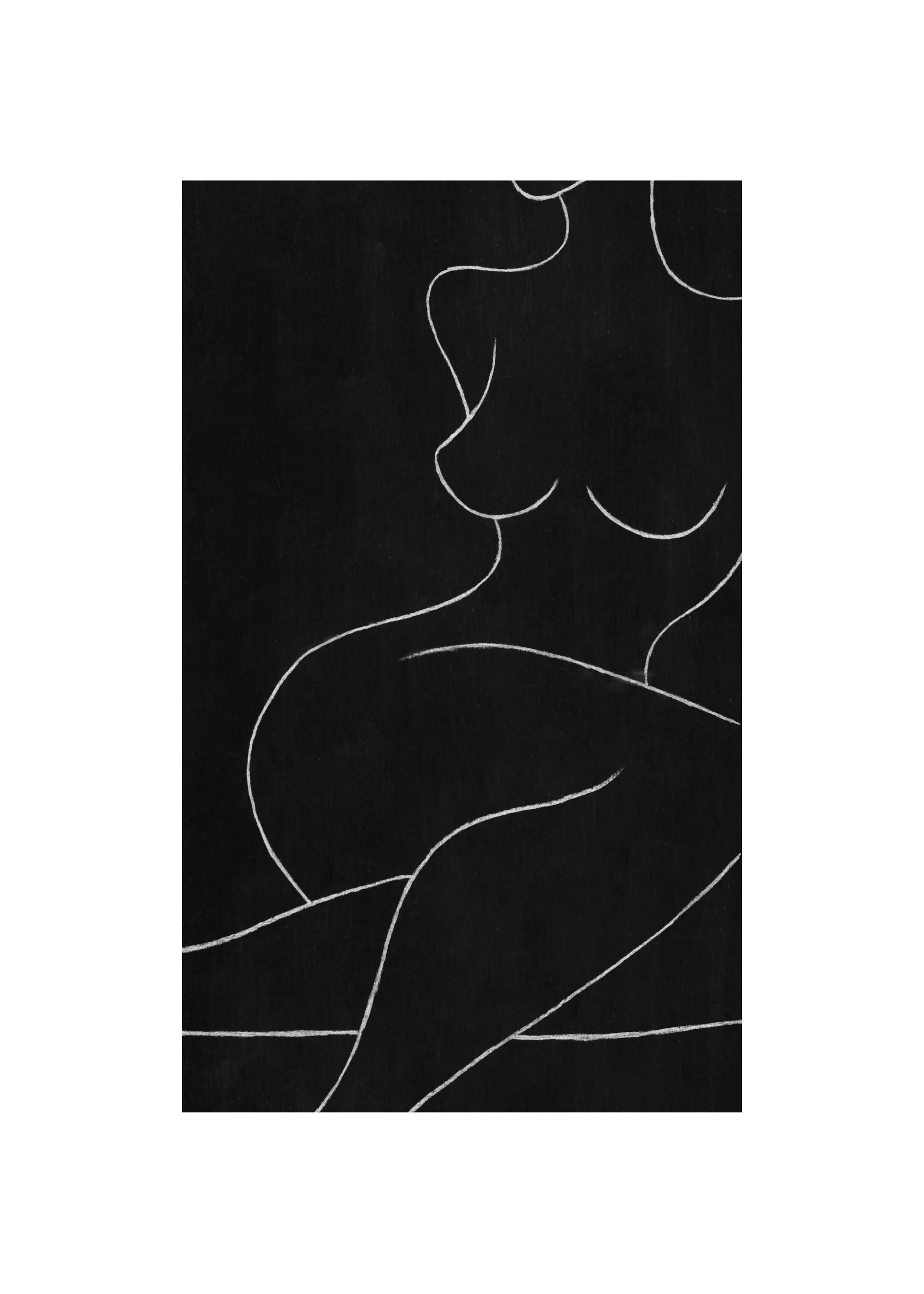 A poster featuring a black and white minimalist line art of a seated female figure.