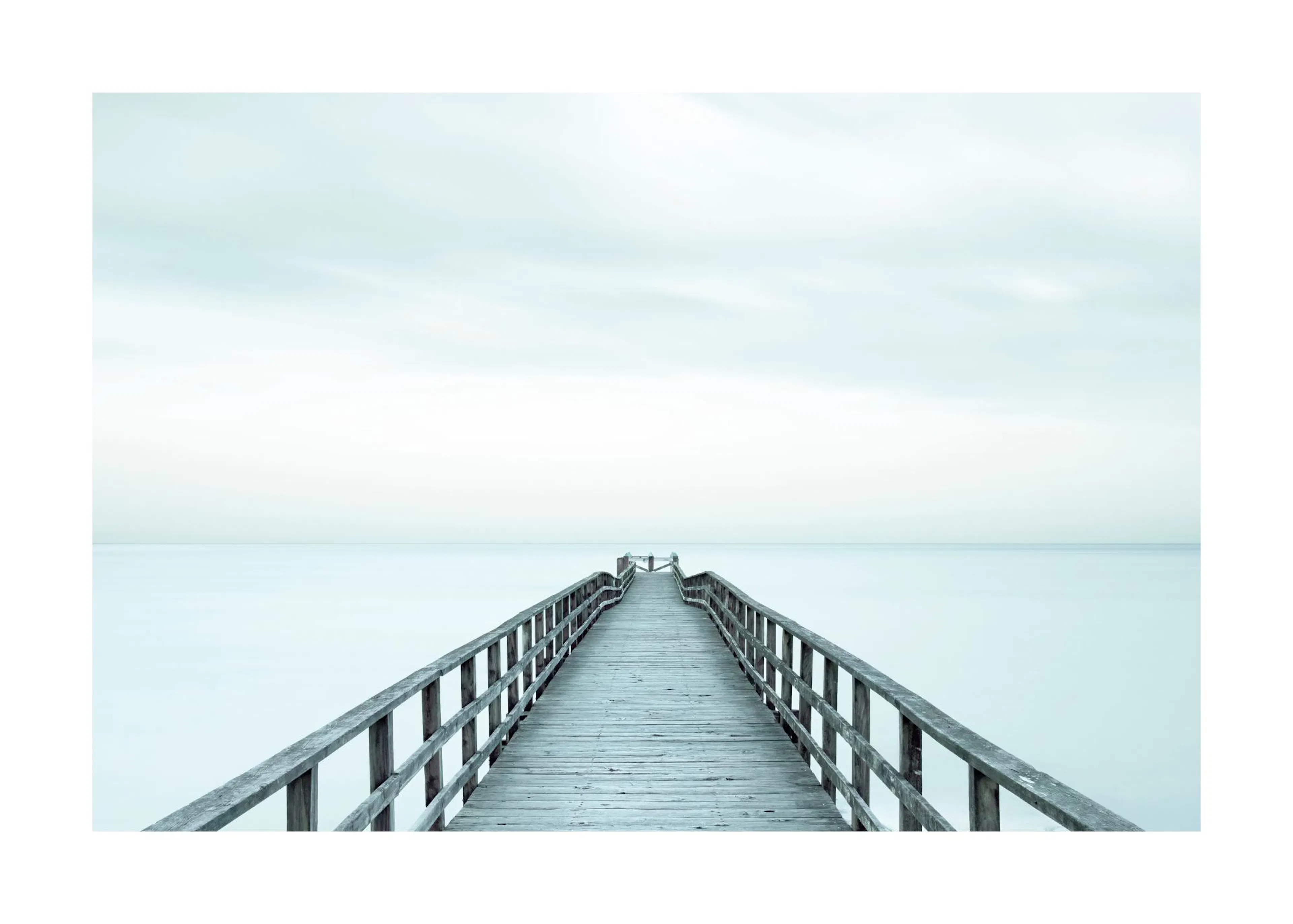 A minimalist poster of a wooden pier extending into calm, light blue water under a pale, serene sky.